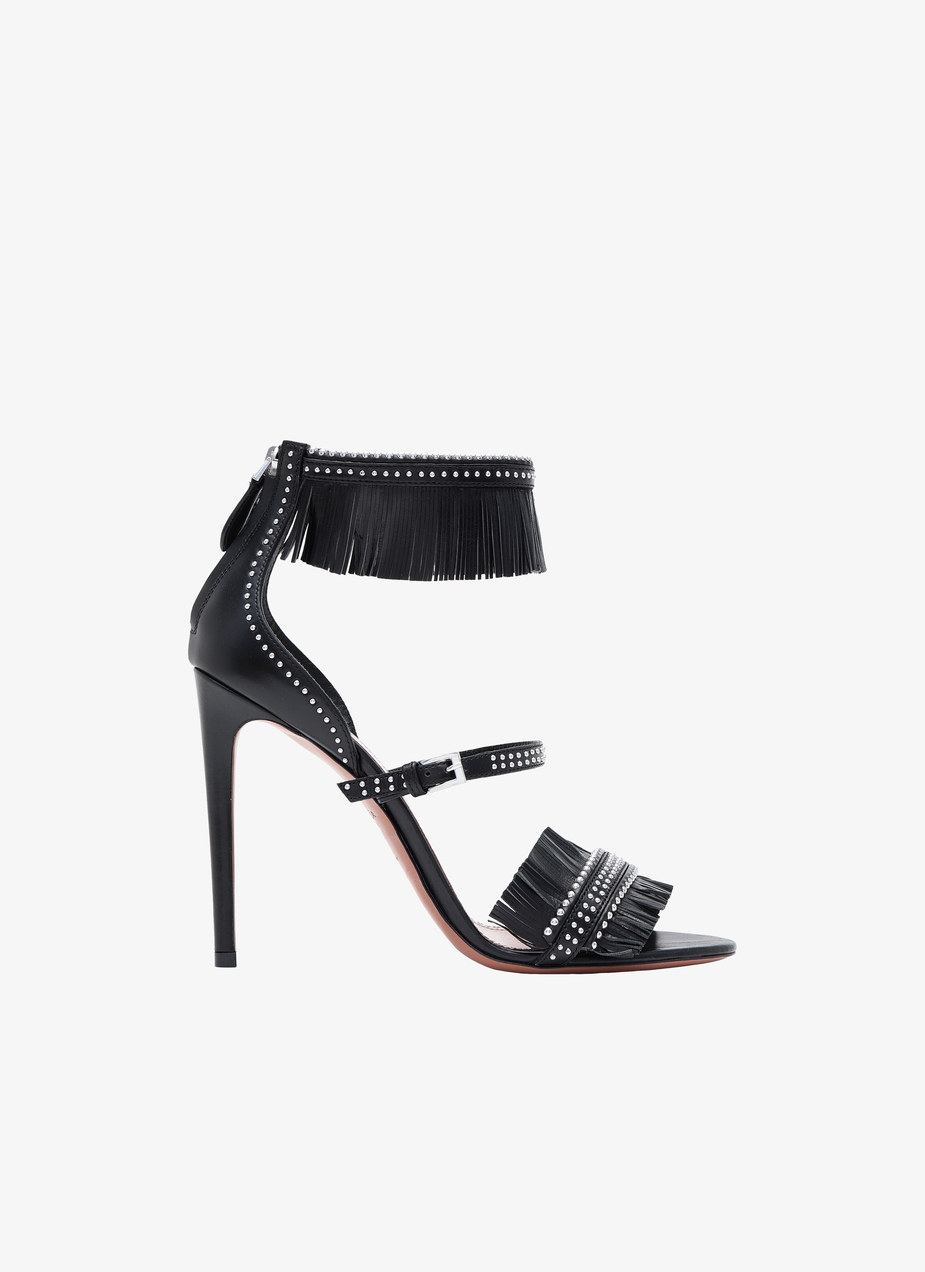 ALAÏA BLACK CALFSKIN DOUBLE FRINGE SANDAL

