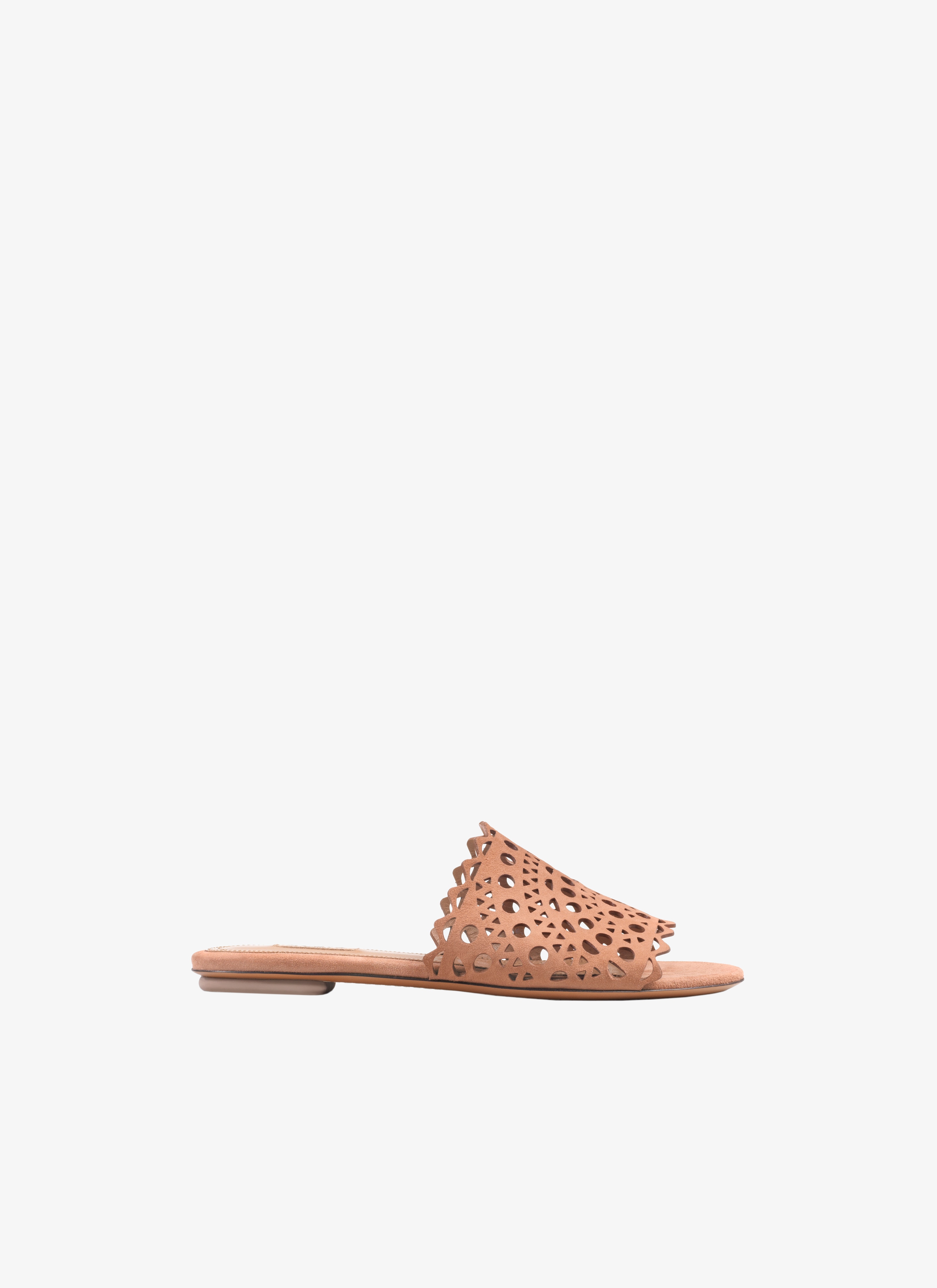 Tobacco Openwork Suede Flat Mules 