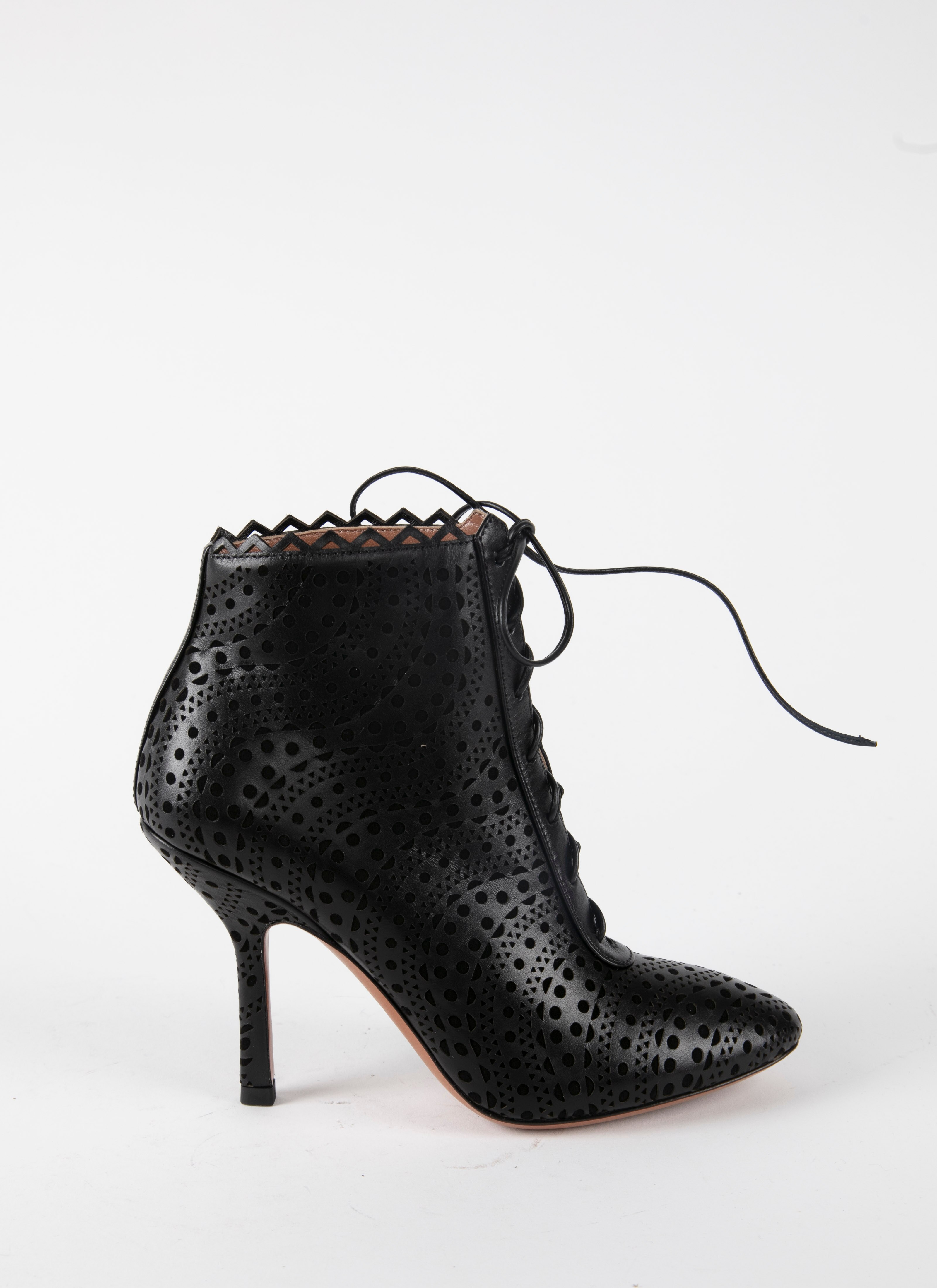 Black Openwork Leather Heeled Boots 