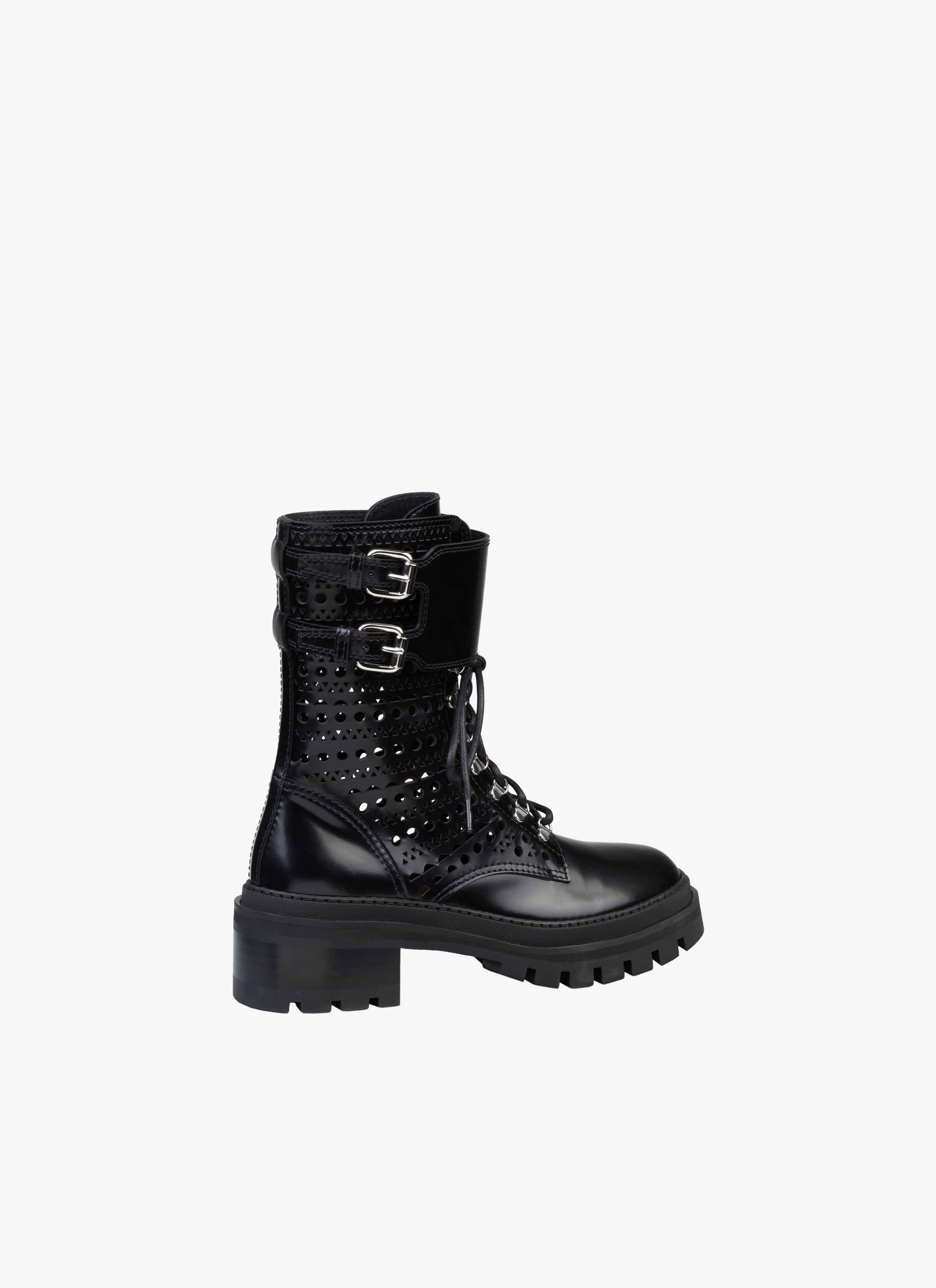 ALAÏA BLACK OPENWORK LEATHER ANKLE BOOTS