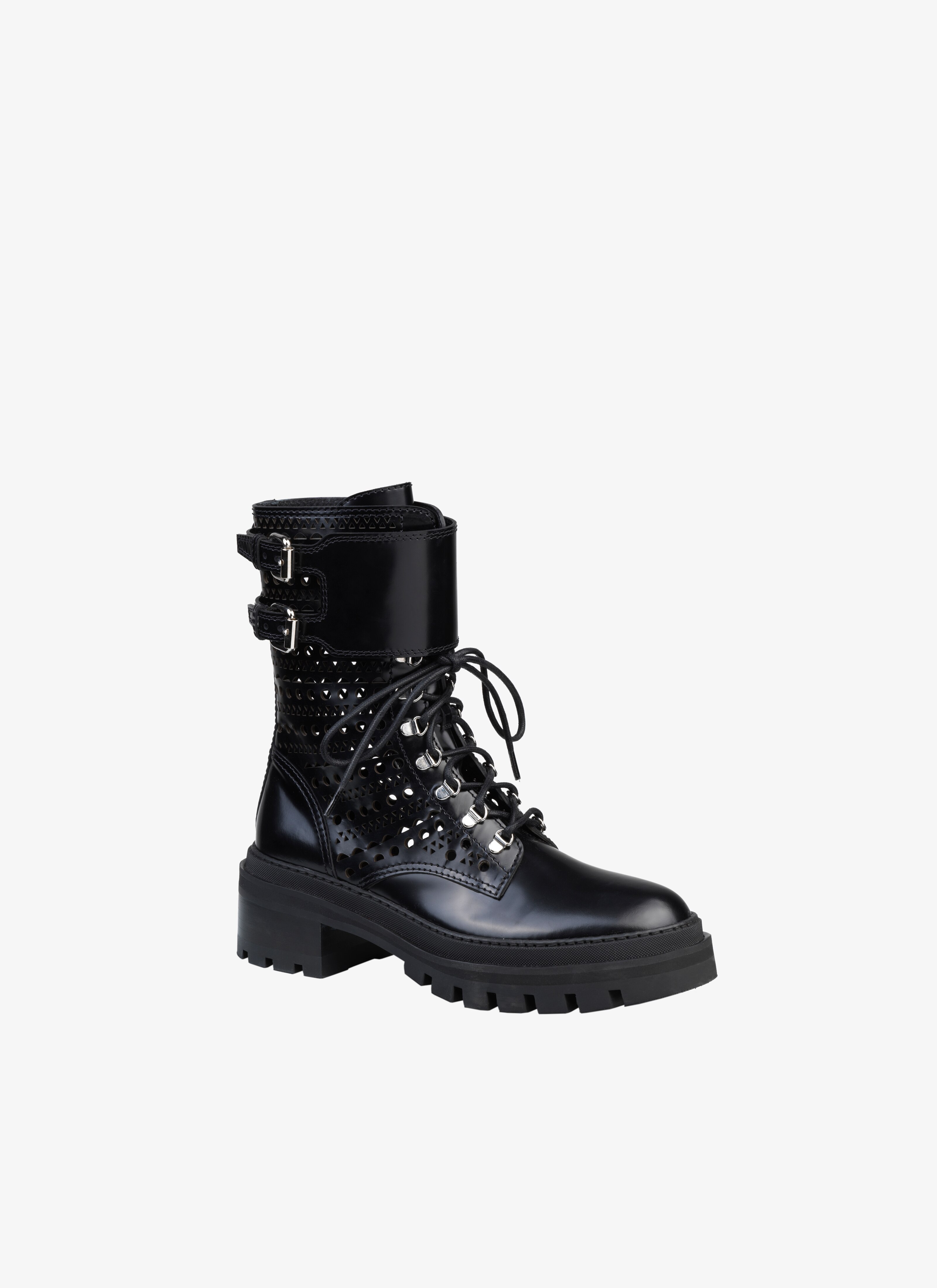 ALAÏA BLACK OPENWORK LEATHER ANKLE BOOTS