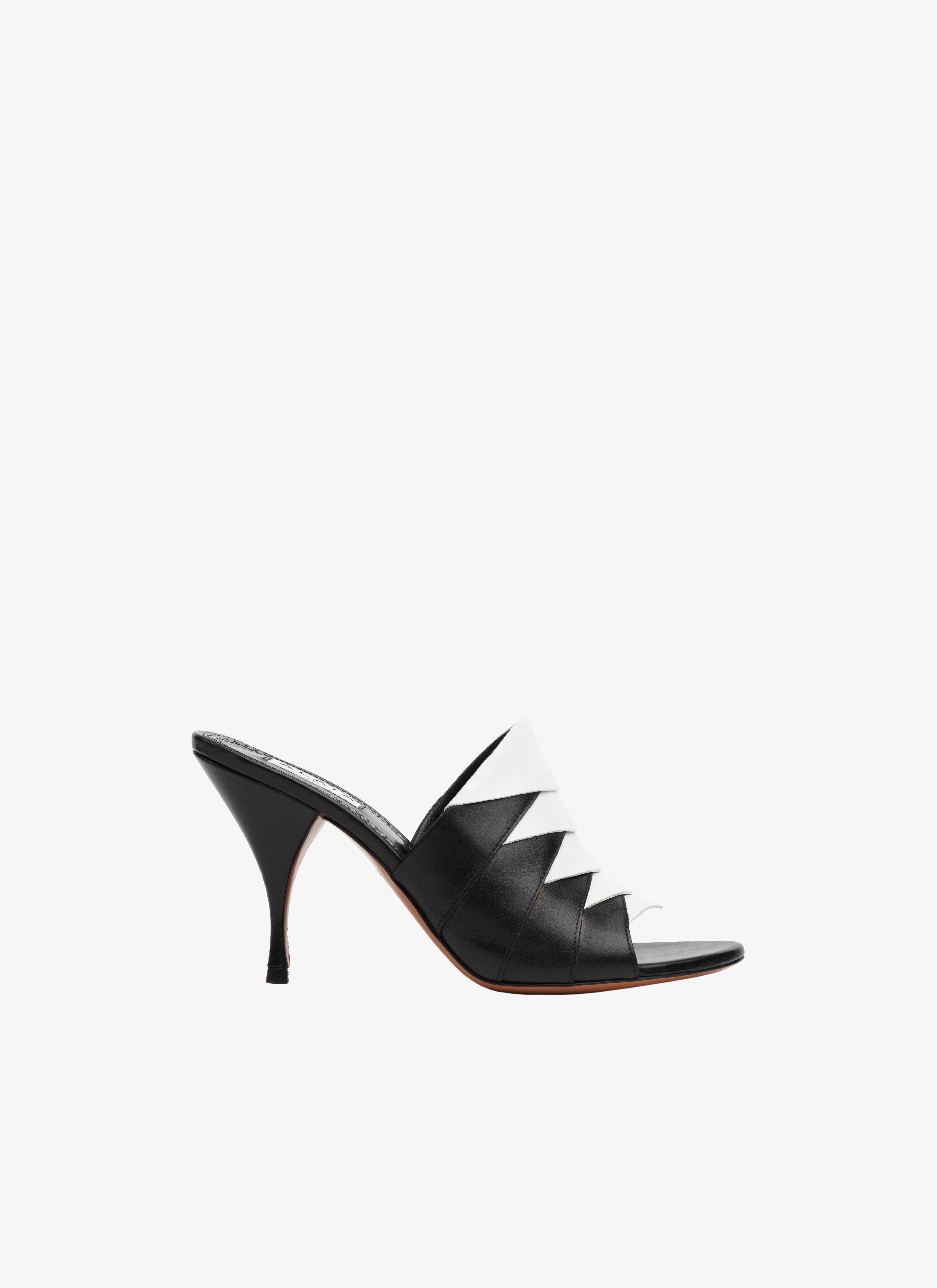 ALAÏA WHITE/BLACK LEATHER HEEL GRAPHIC MULES