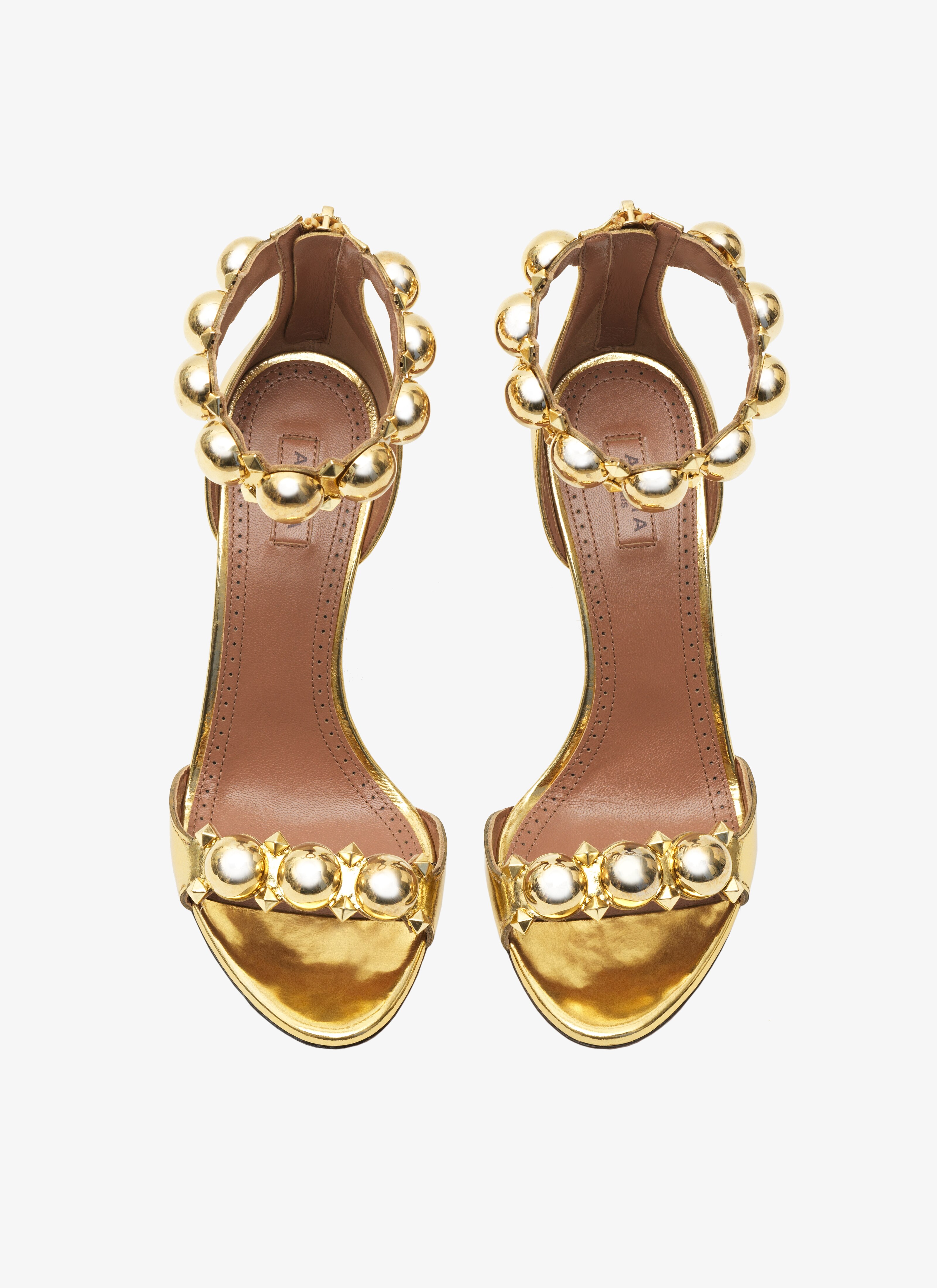 ALAÏA GOLD BOMBE SANDALS IN METALLIC GOATSKIN