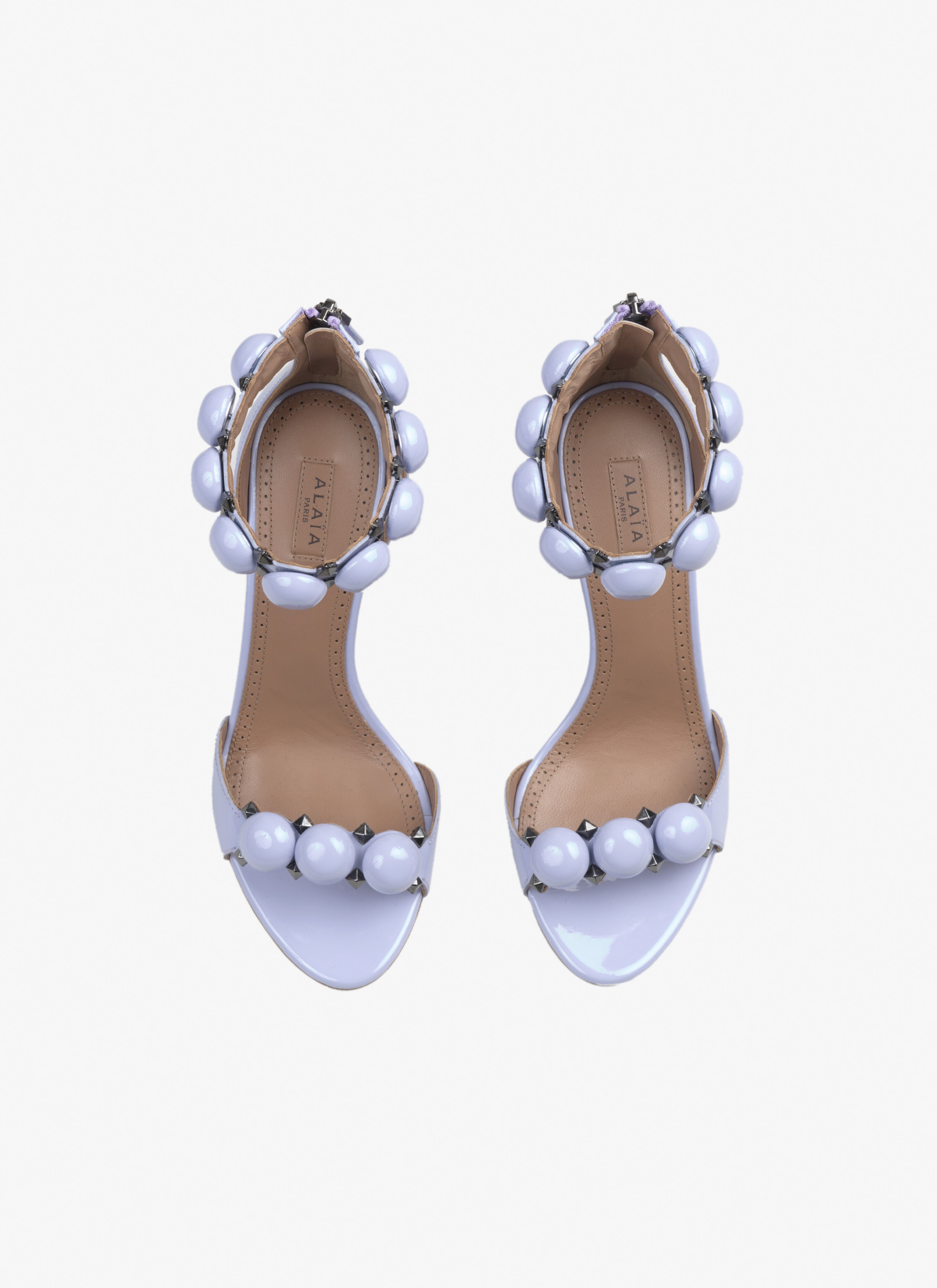 ALAÏA BRIGHT PARME BOMBE SANDALS IN PATENT CALFSKIN