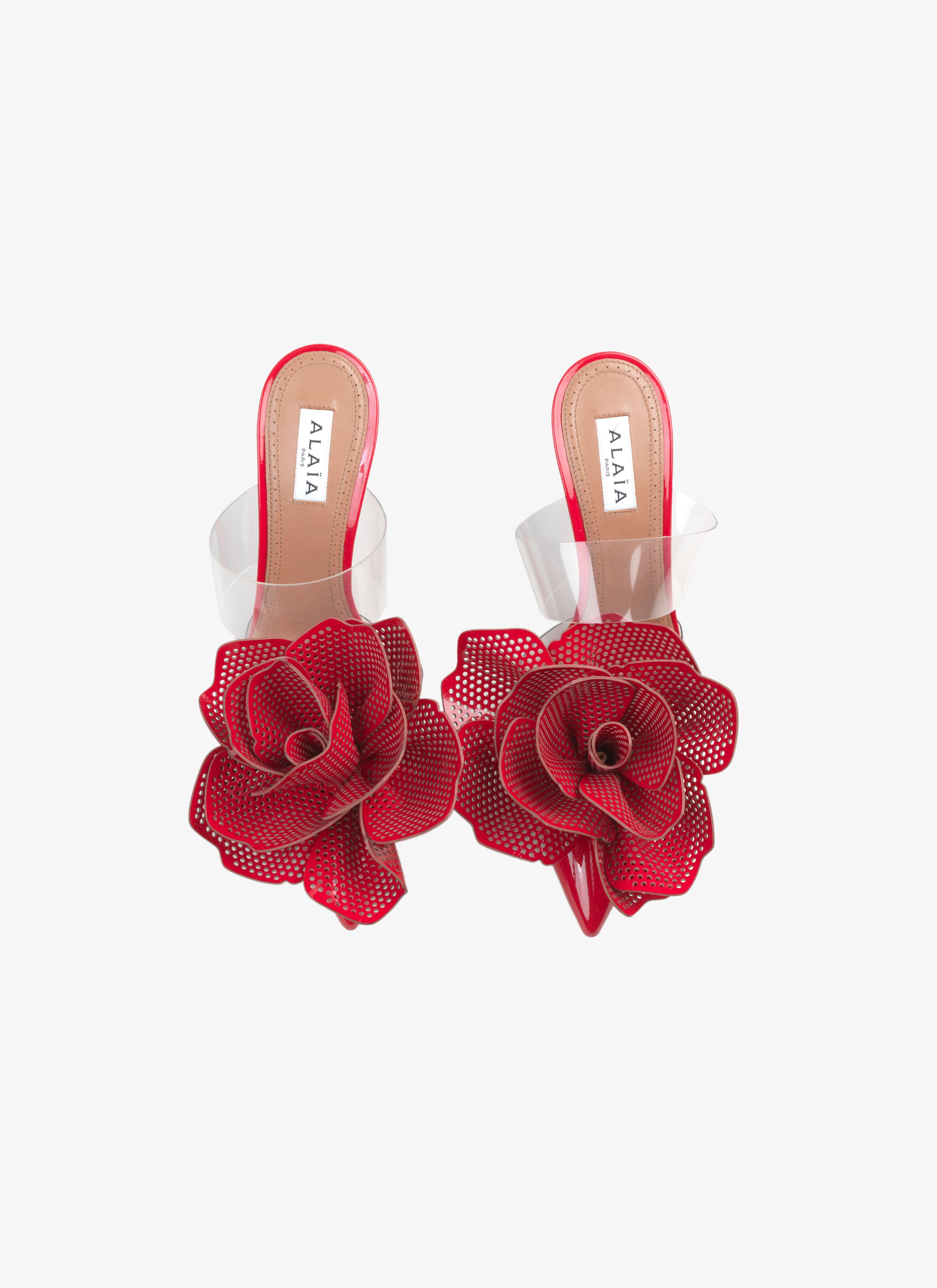 ALAÏA LACQUER RED FLOWER MULES IN PATENT CALFSKIN