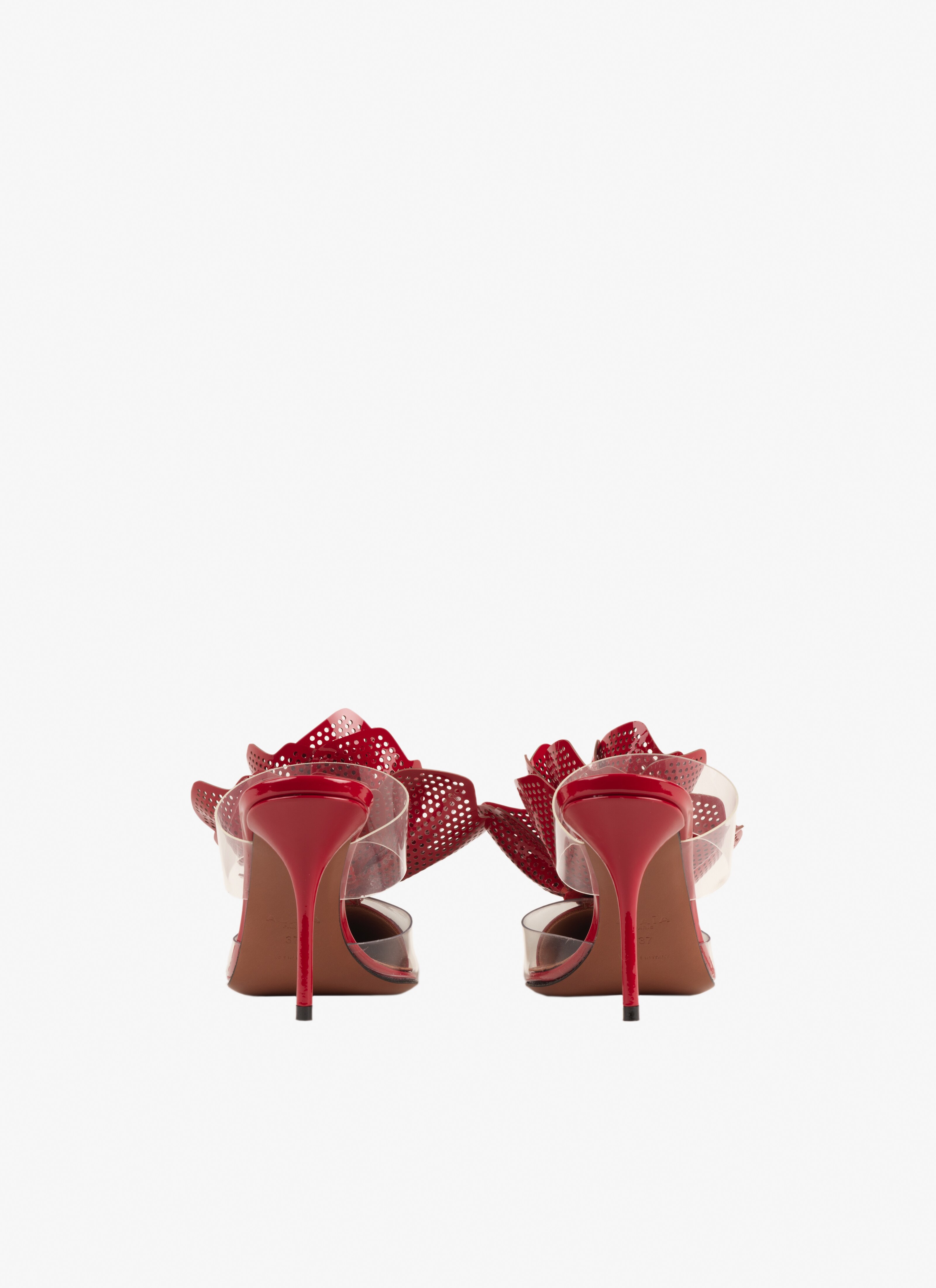 ALAÏA LACQUER RED FLOWER MULES IN PATENT CALFSKIN