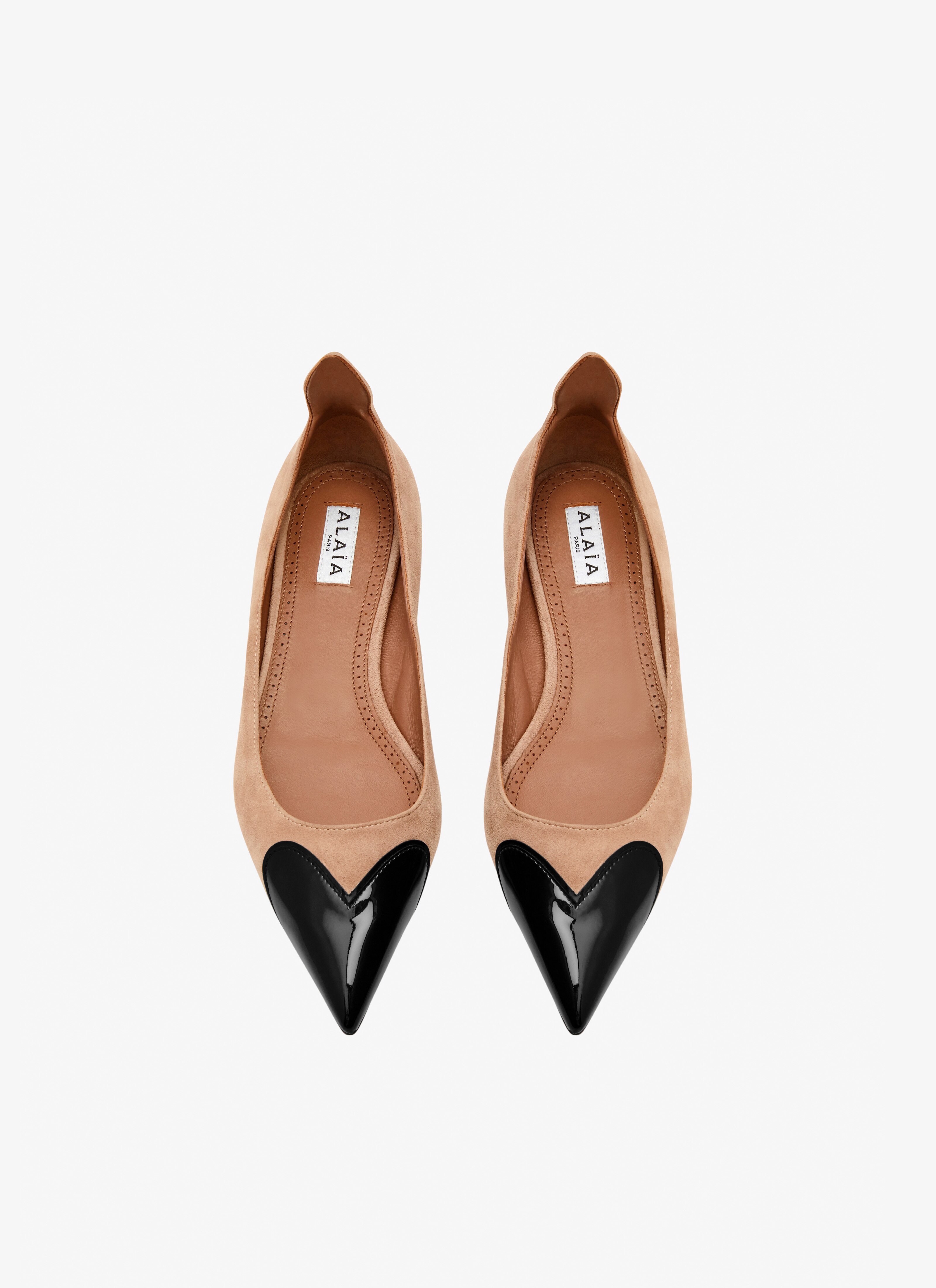 ALAÏA BLUSH/BLACK SUEDE GOATSKIN HEART BALLET FLATS