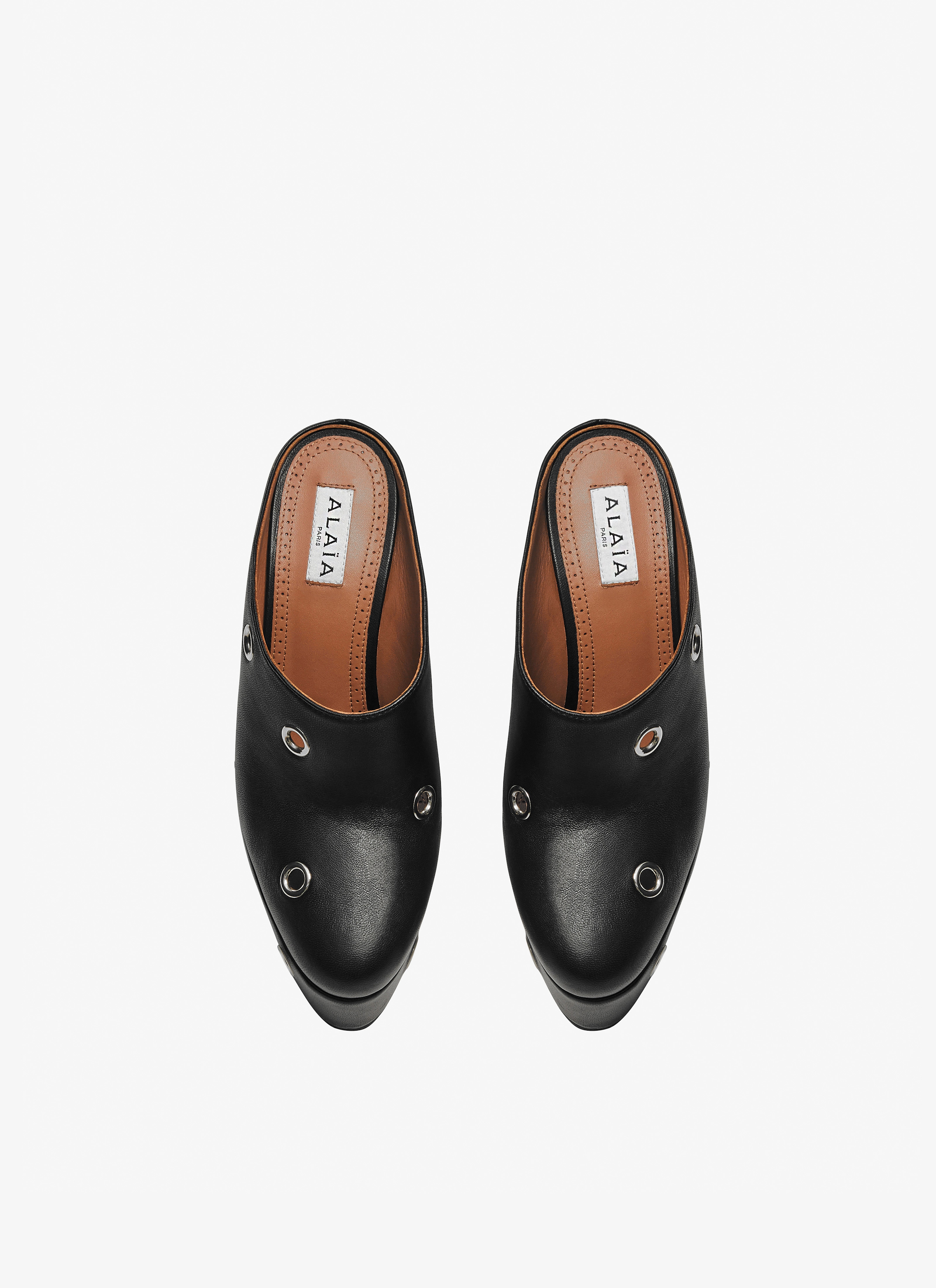 ALAÏA BLACK BLOCK HEEL PLATEFORM MULES IN LAMBSKIN WITH EYELETS