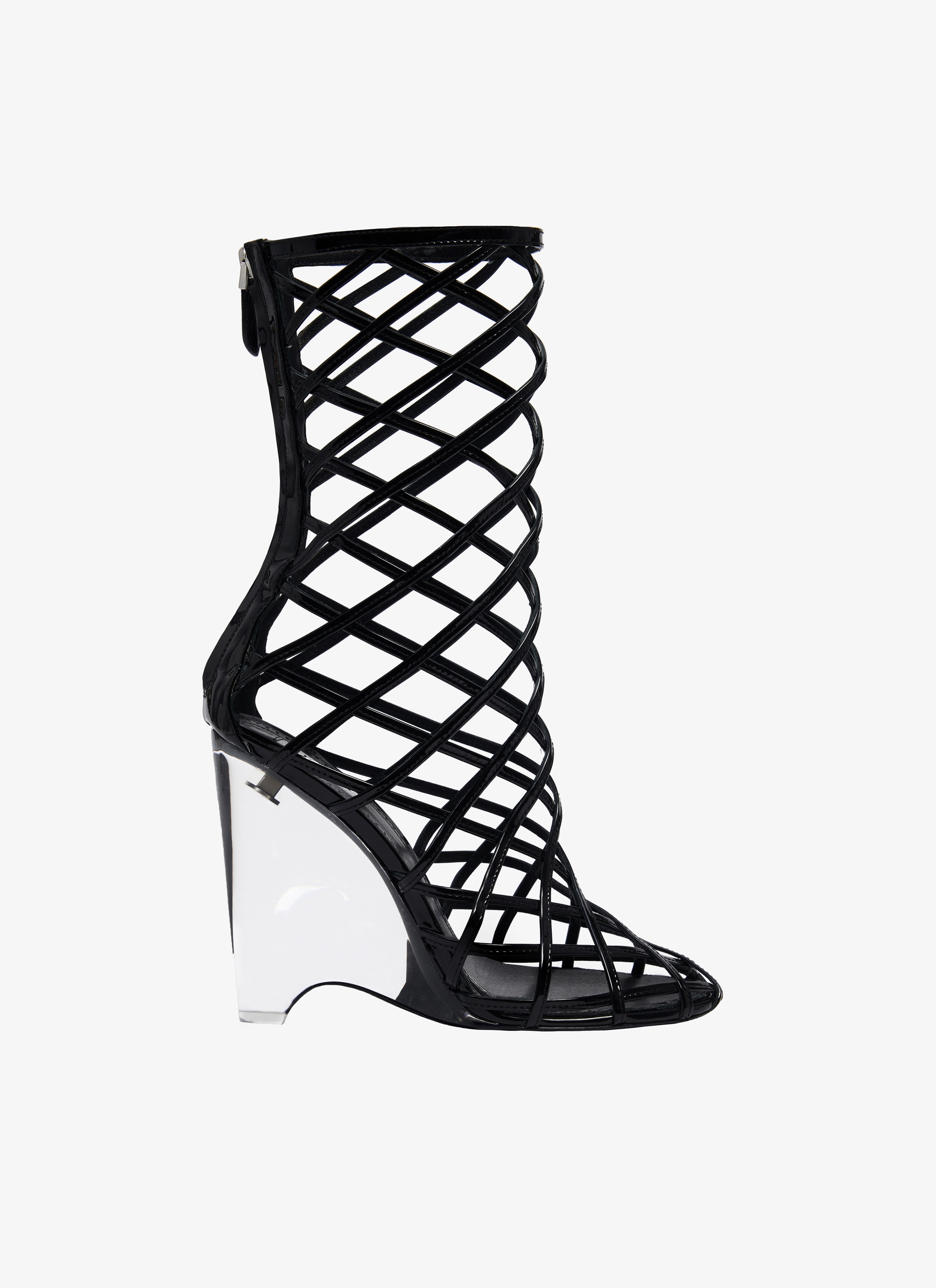 ALAÏA Women's Black LA CAGE WEDGE BOOTIES IN PATENT LAMBSKIN