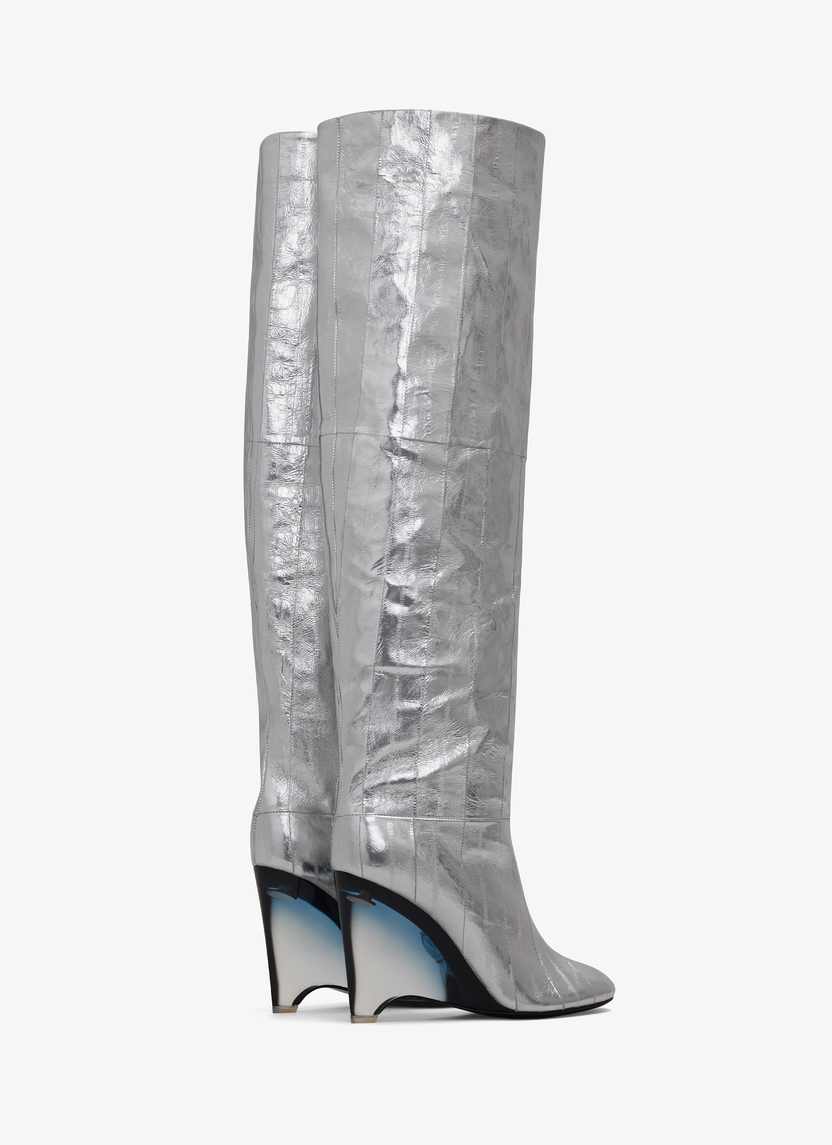 ALAÏA SILVER WEDGE BOOTS IN LAMBSKIN