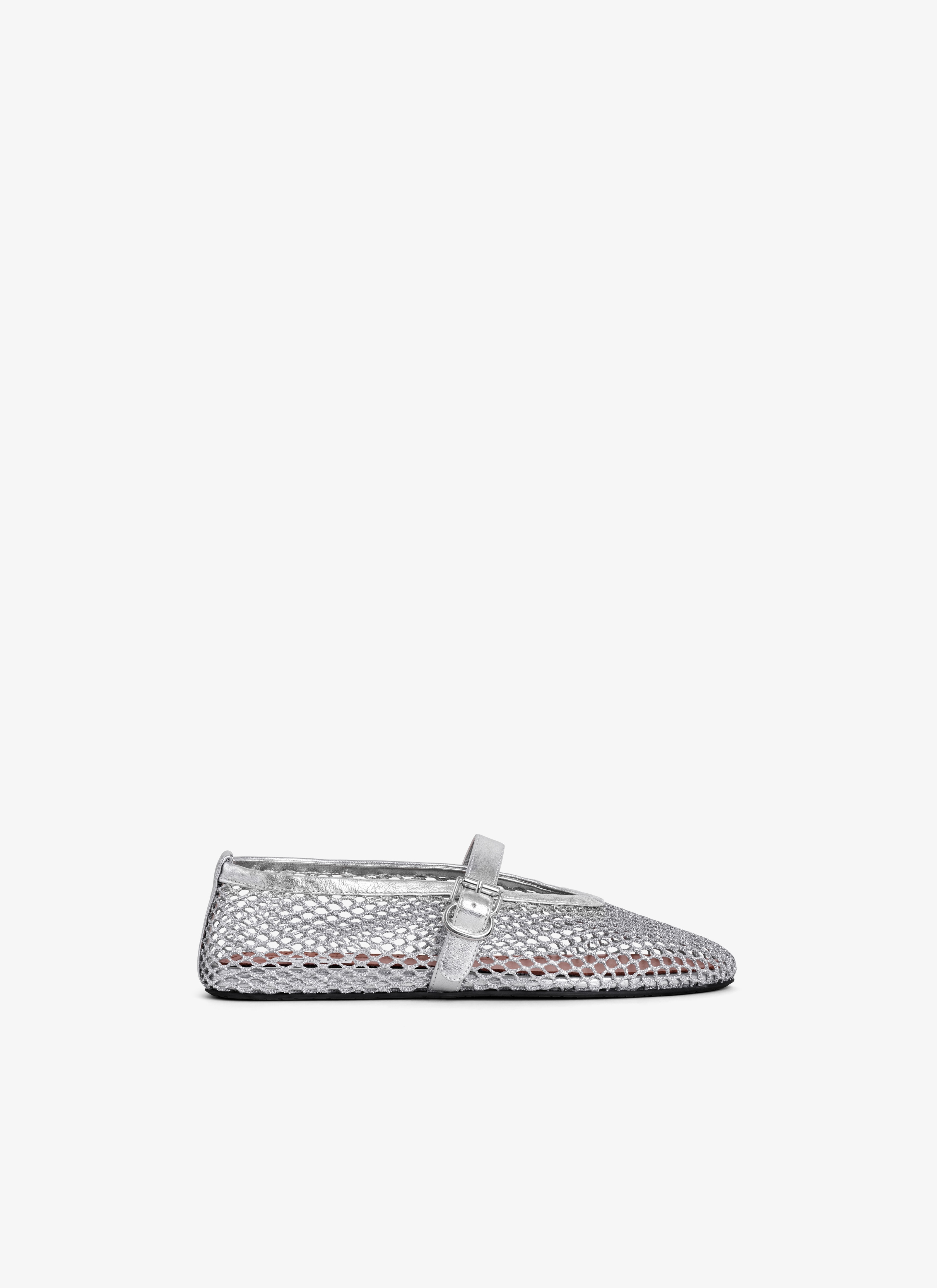 ALAÏA SILVER BALLET FLATS IN LAMINATED FISHNET