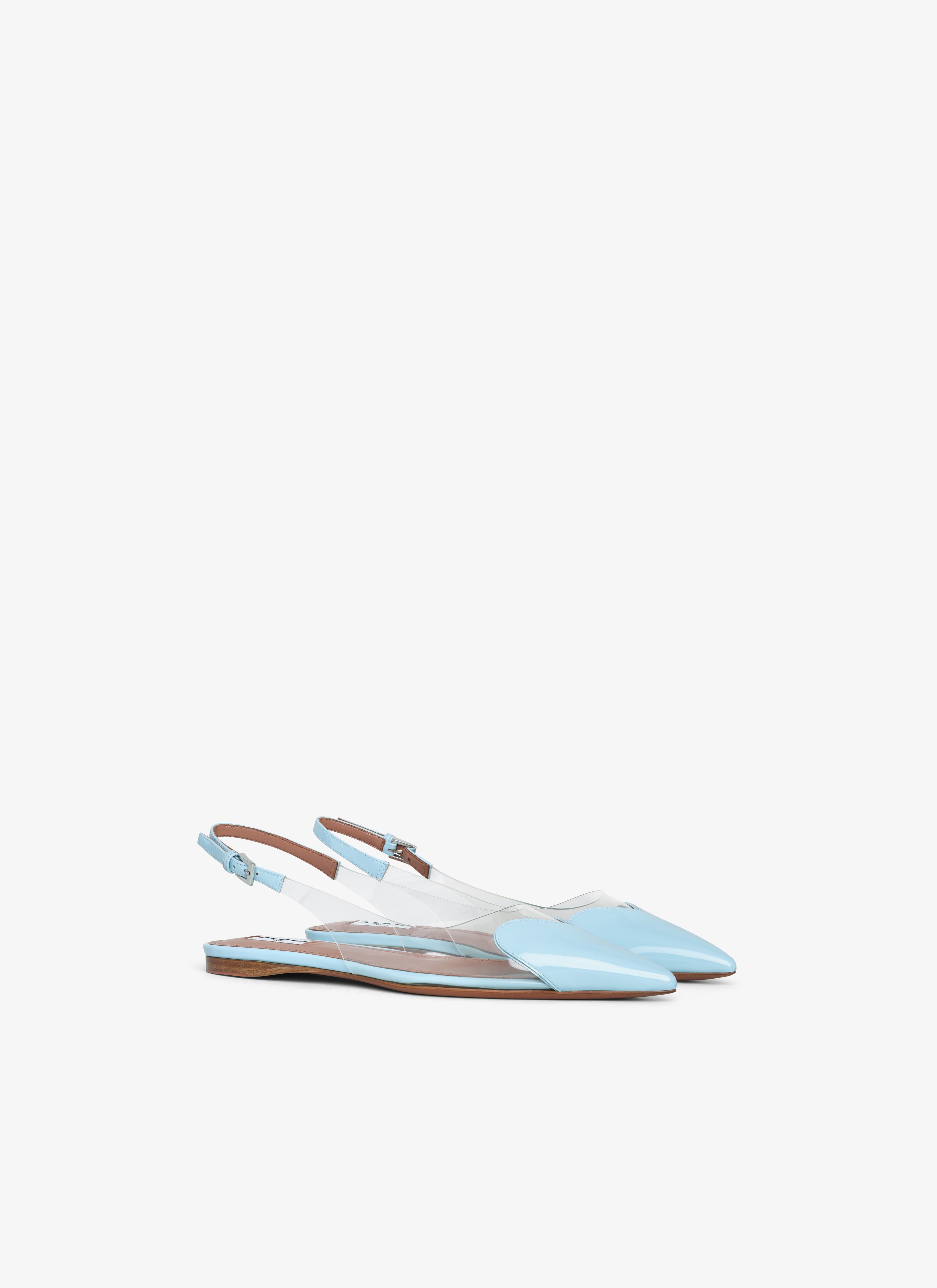 ALAÏA LAGOON BLUE LE CŒUR FLAT SLINGBACKS IN PATENT CALFSKIN