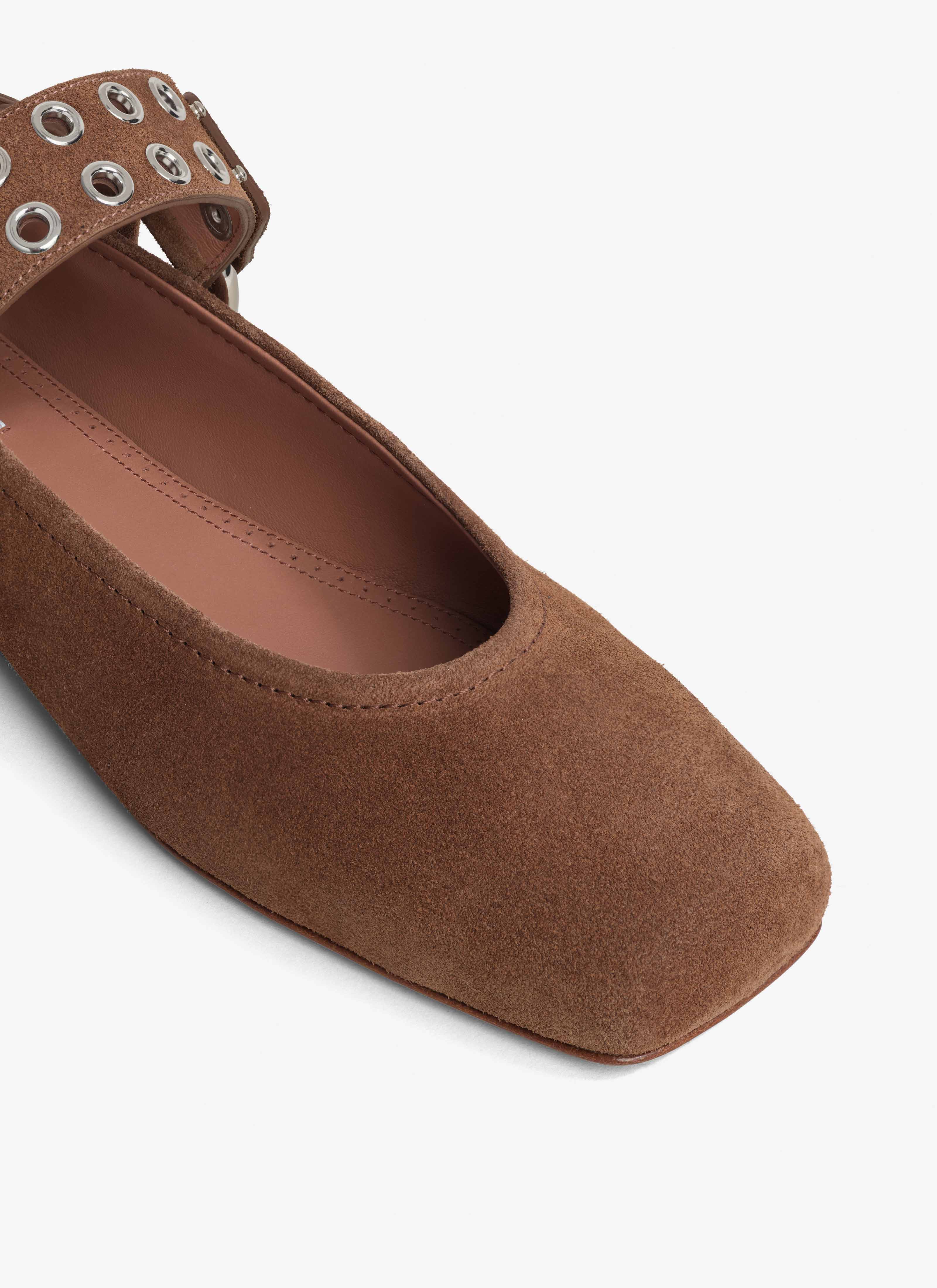 ALAÏA UMBER BIKER BALLET FLATS IN SUEDE
