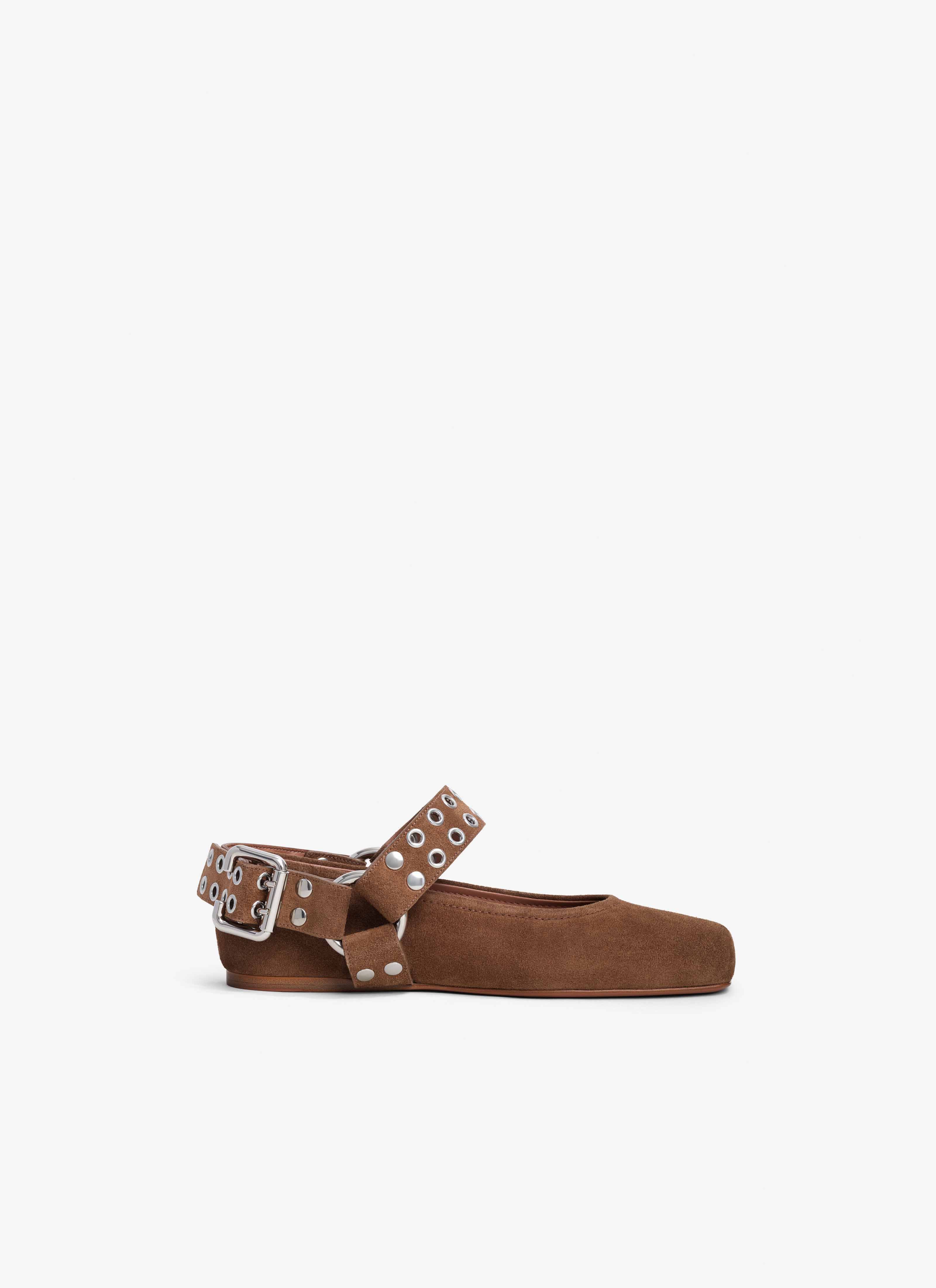 ALAÏA UMBER BIKER BALLET FLATS IN SUEDE
