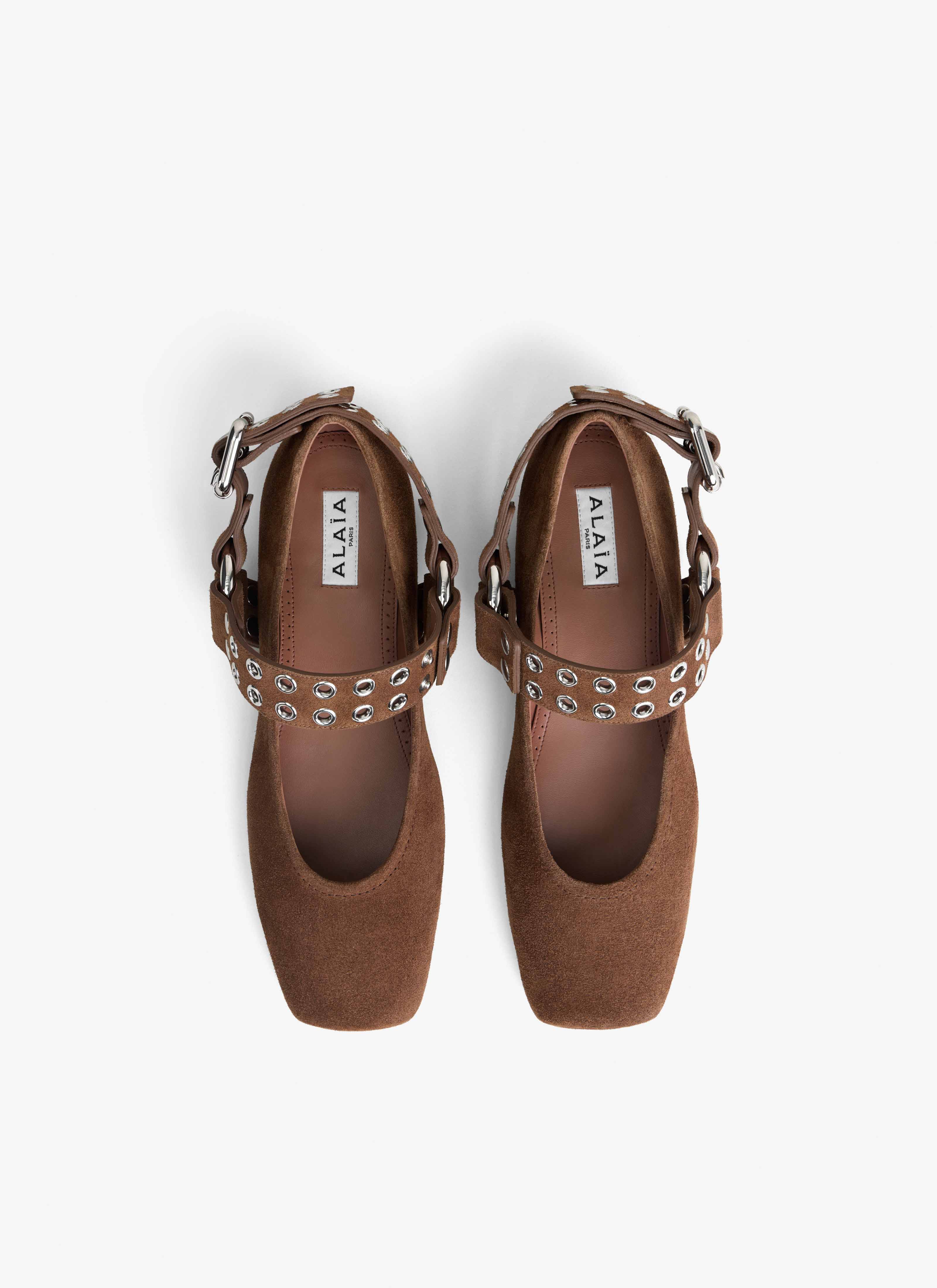 ALAÏA UMBER BIKER BALLET FLATS IN SUEDE