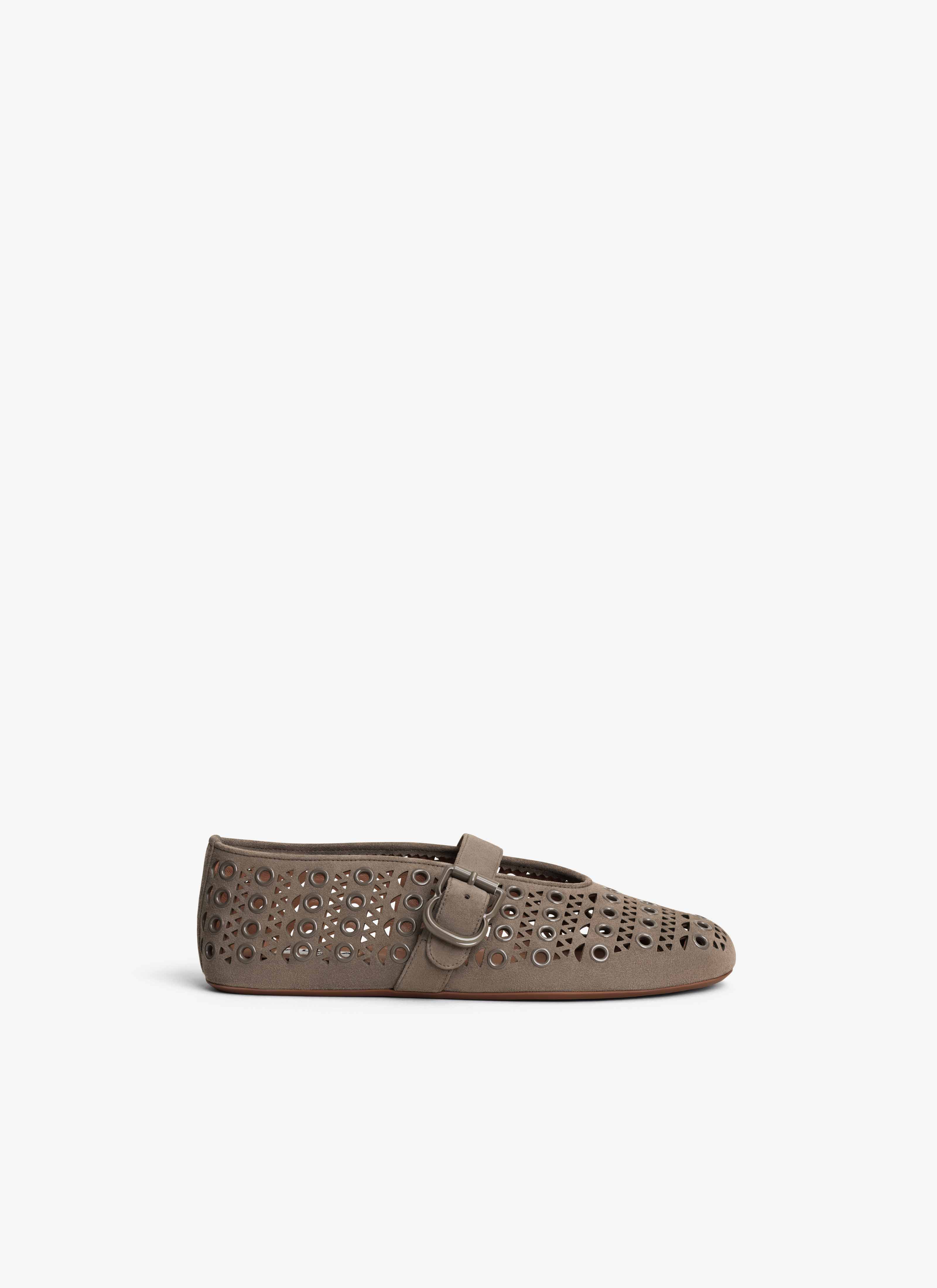 ALAÏA DOVE GREY BALLET FLATS IN VIENNE SUEDE WITH EYELETS