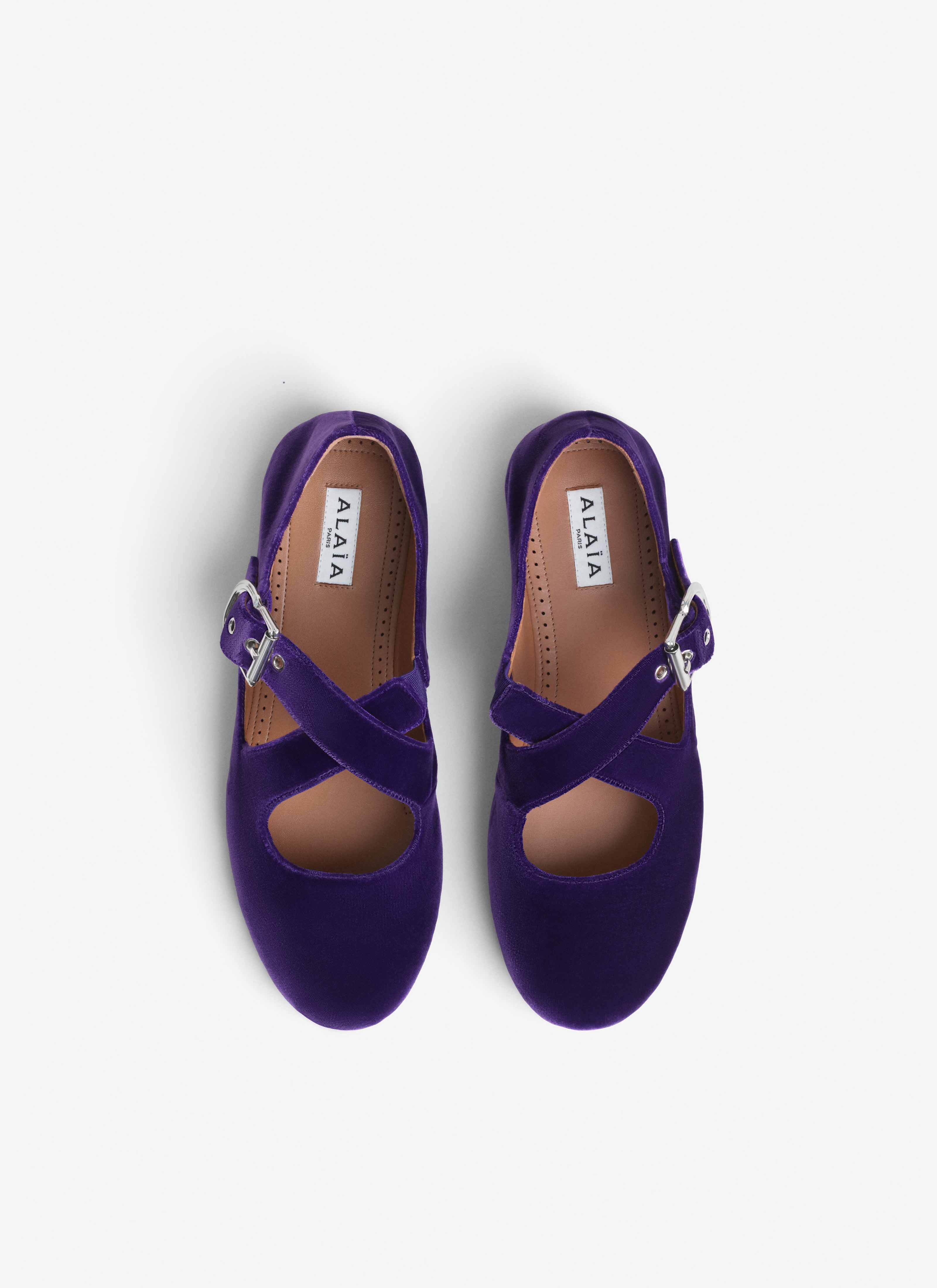 ALAÏA VIOLET CRISS CROSS BALLET FLATS IN VELVET