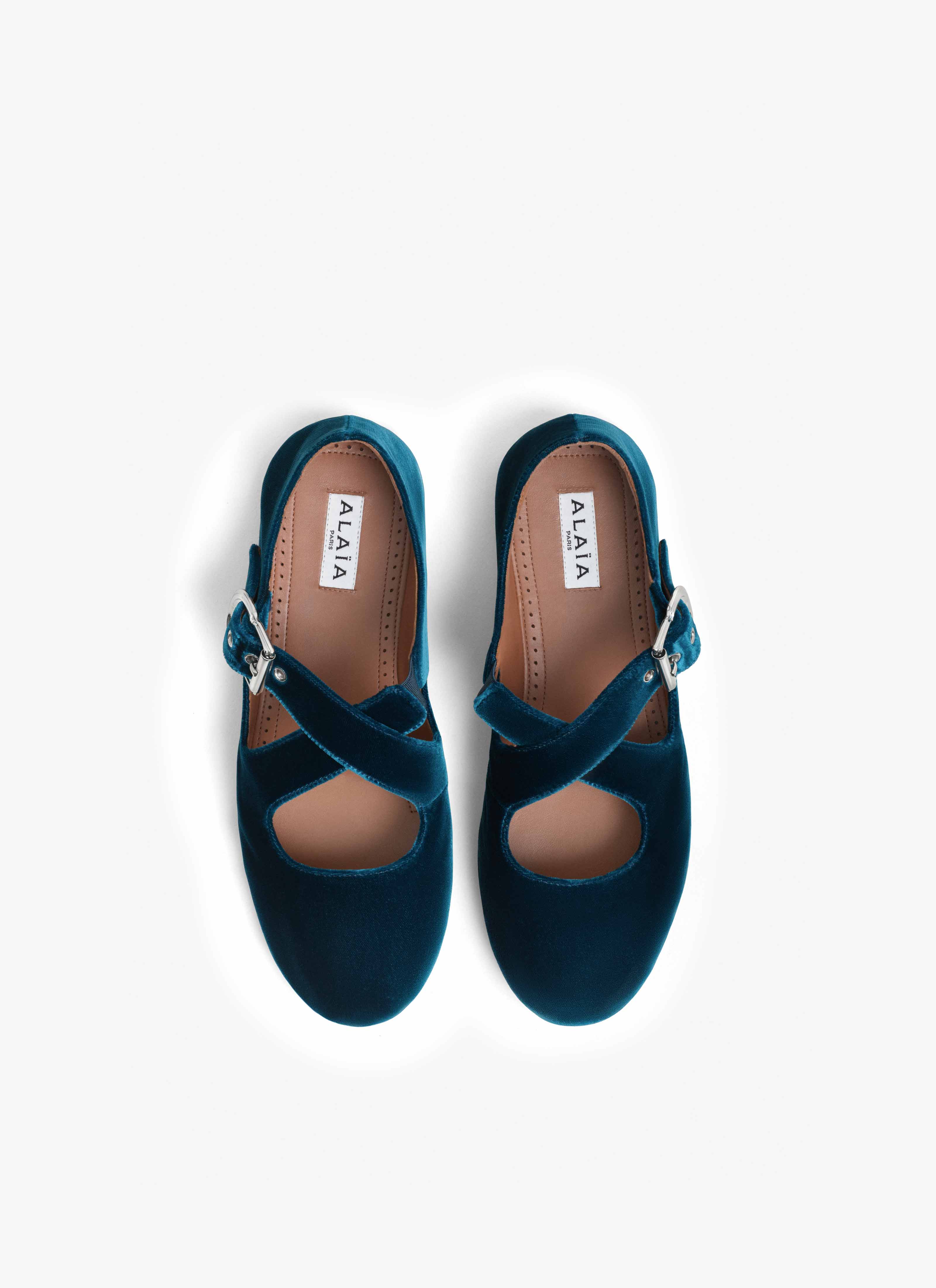 ALAÏA DARK PETROL CRISS CROSS BALLET FLATS IN VELVET