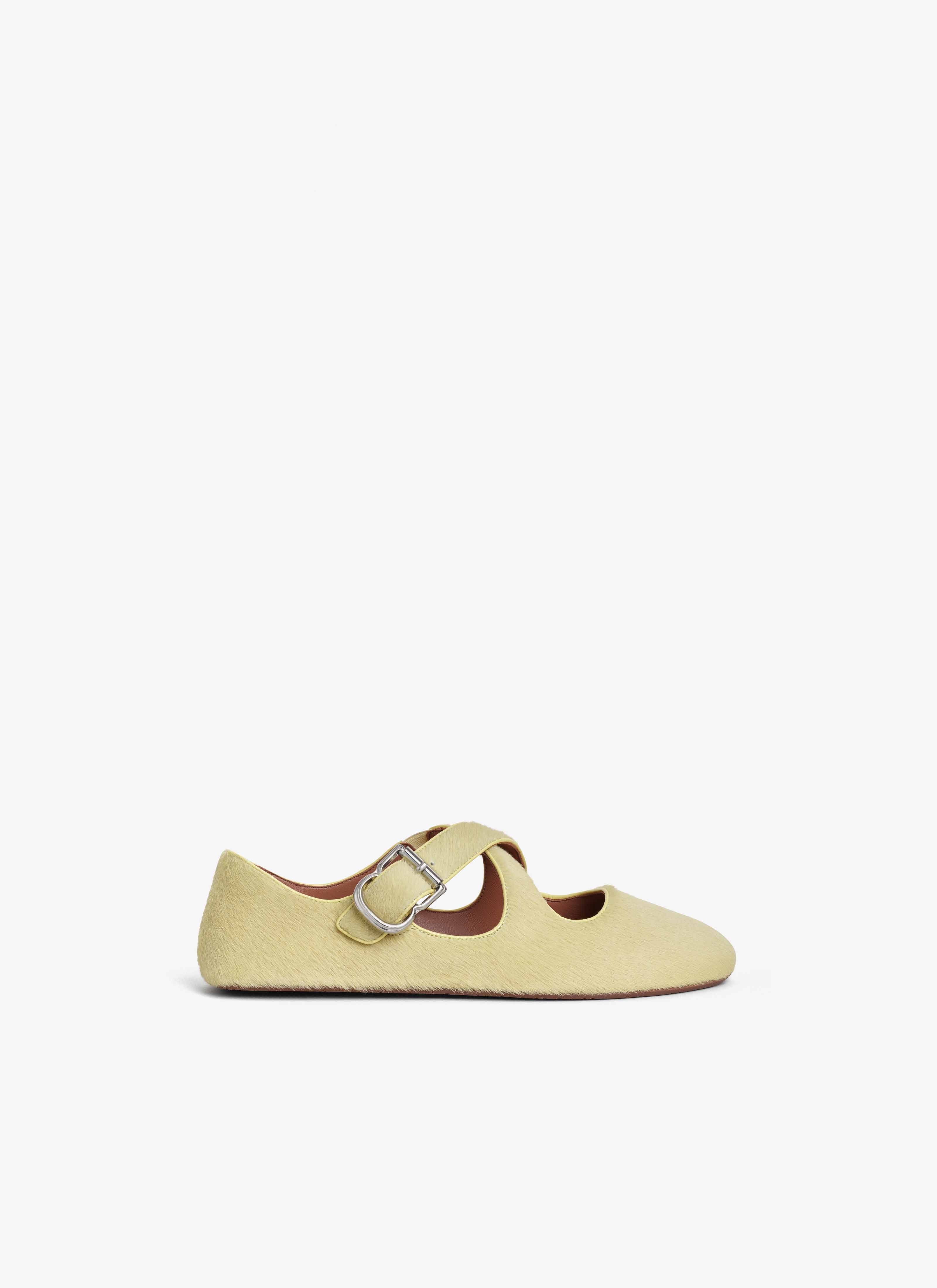 ALAÏA LEMON YELLOW CRISS CROSS BALLET FLATS IN HAIRCALF