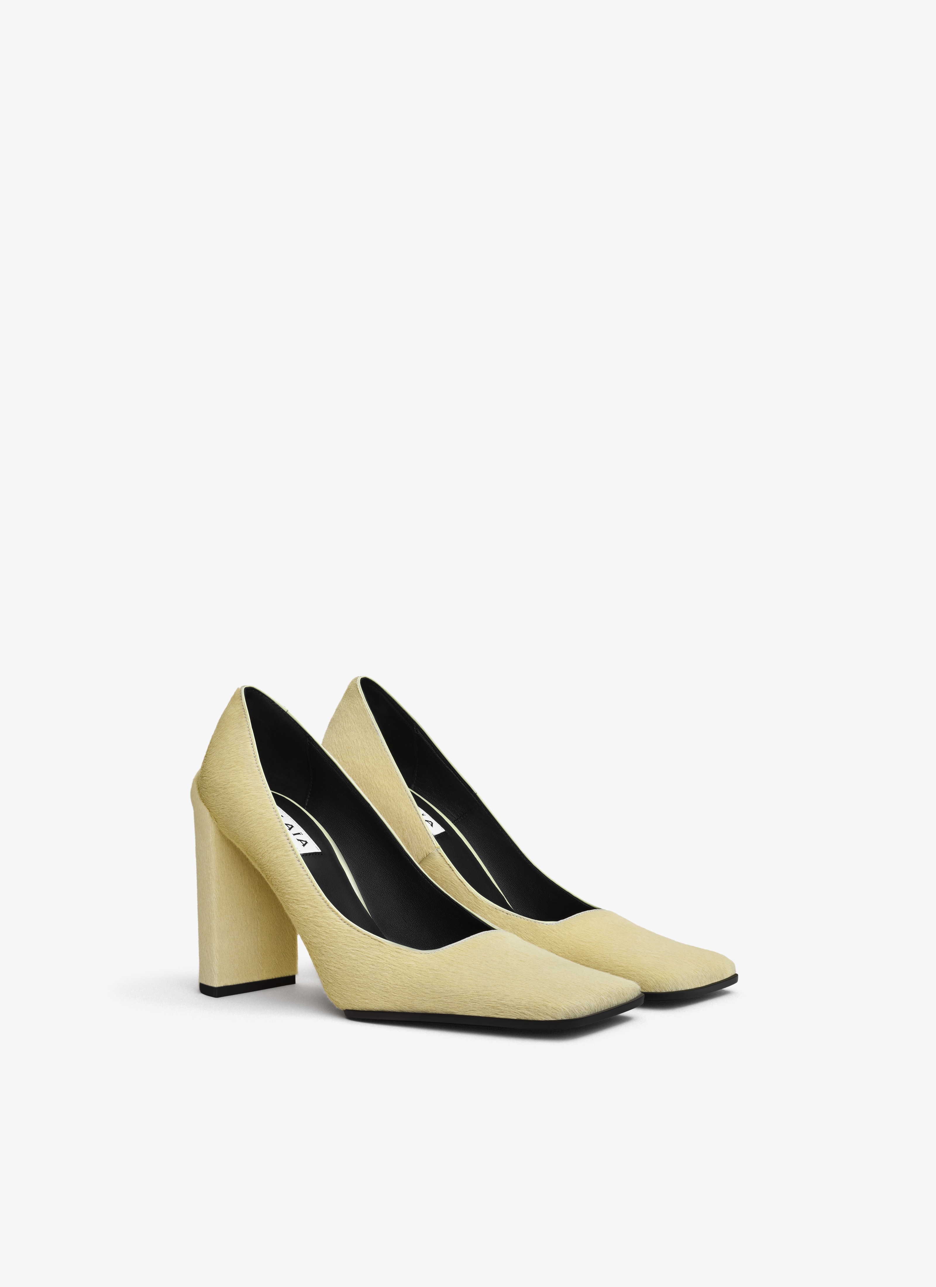 ALAÏA LEMON YELLOW SQUARE PUMPS IN HAIRCALF