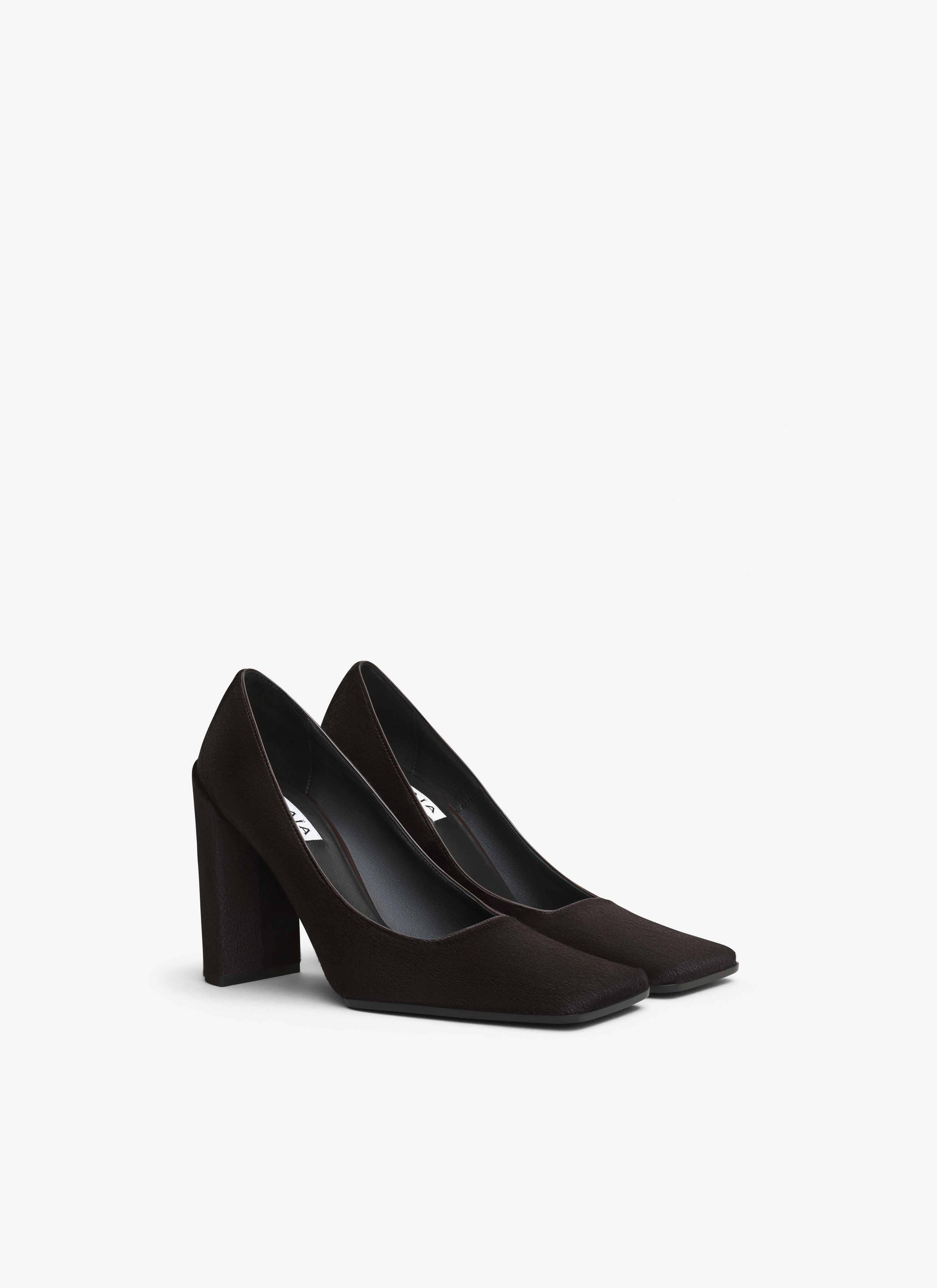 ALAÏA CHOCOLATE SQUARE PUMPS IN HAIRCALF