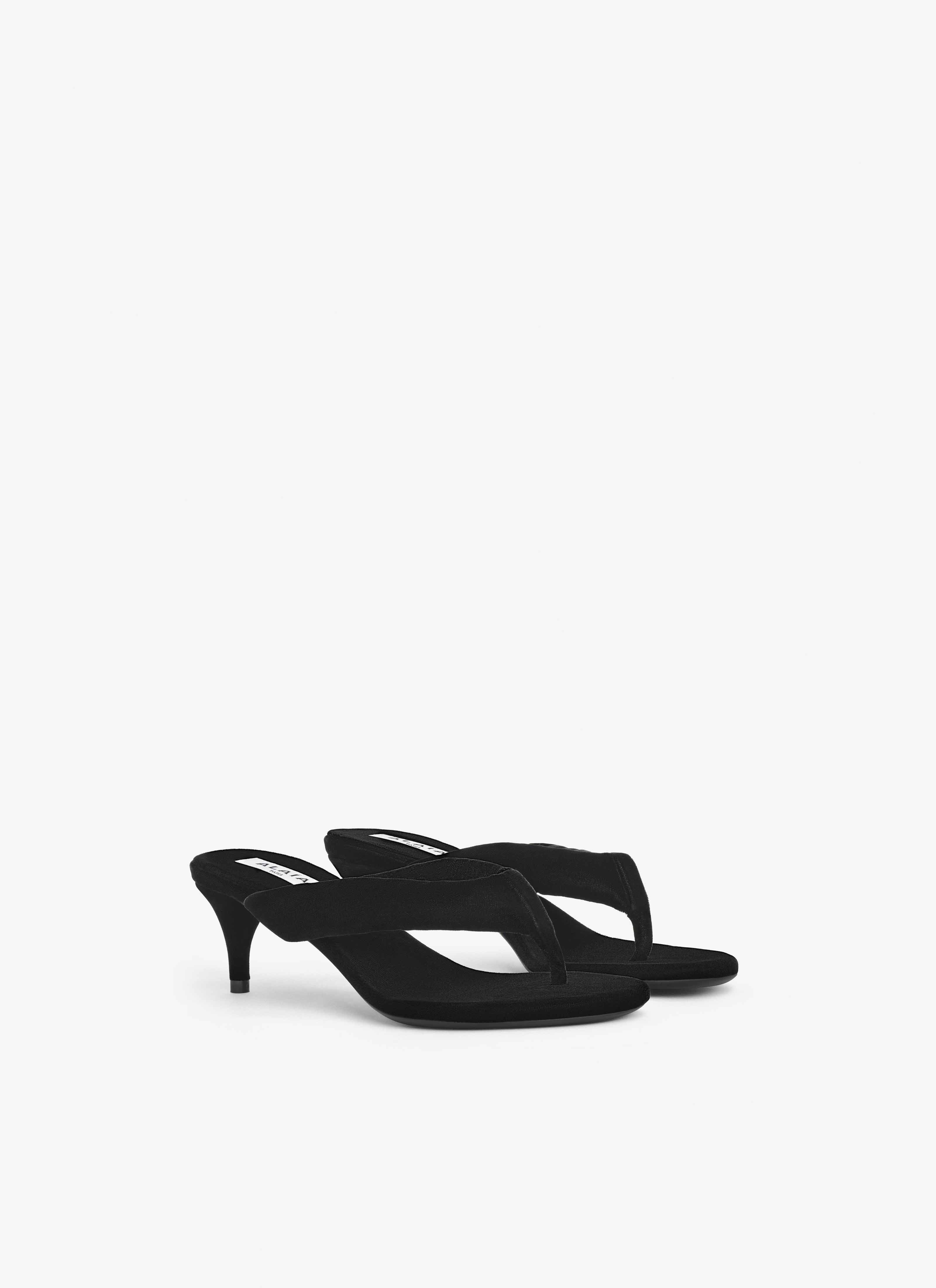 ALAÏA BLACK HEEL THONG MULES IN VELVET