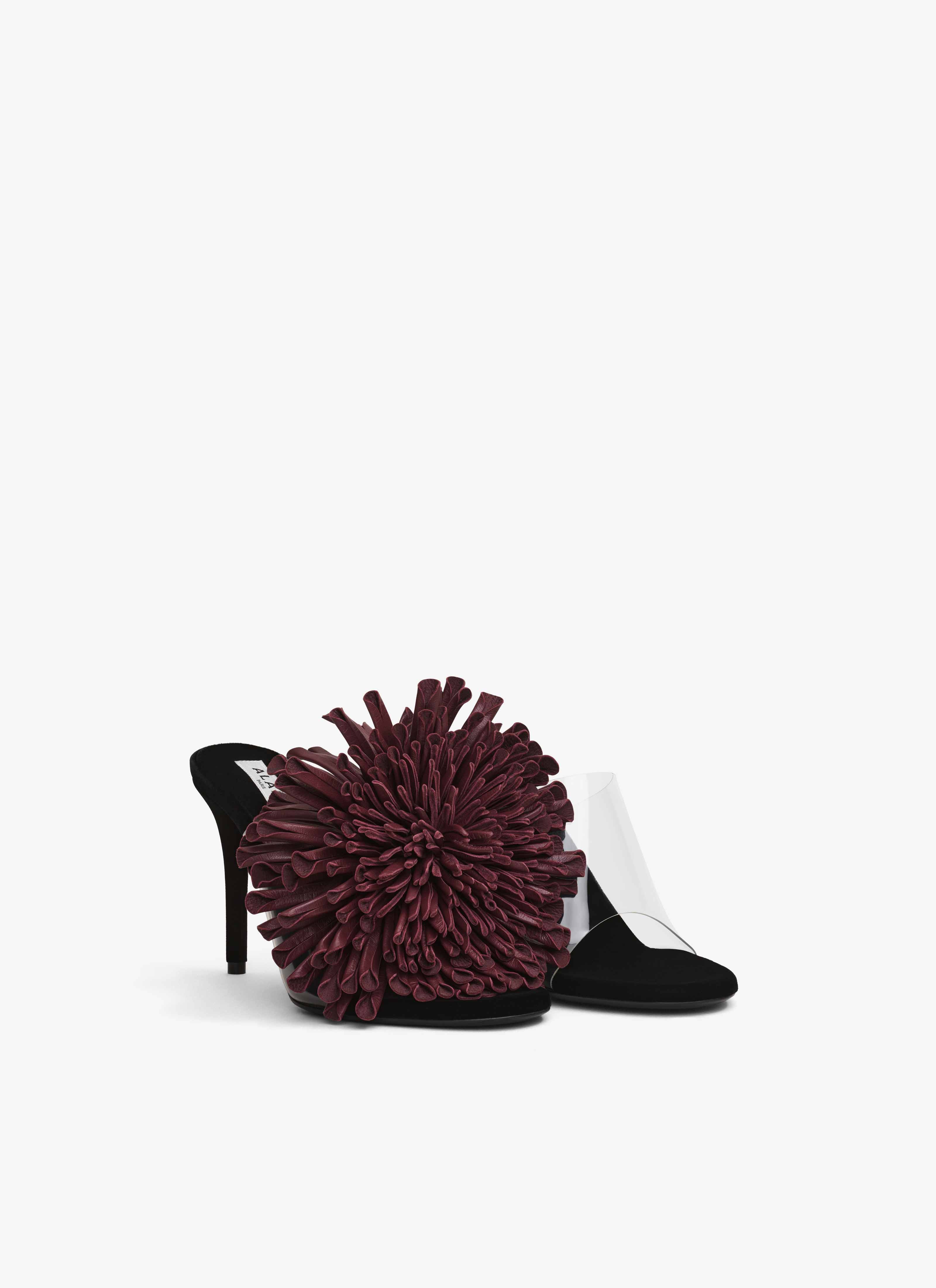ALAÏA AUBERGINE ASYMETRIC HEEL SANDALS IN LAMBSKIN