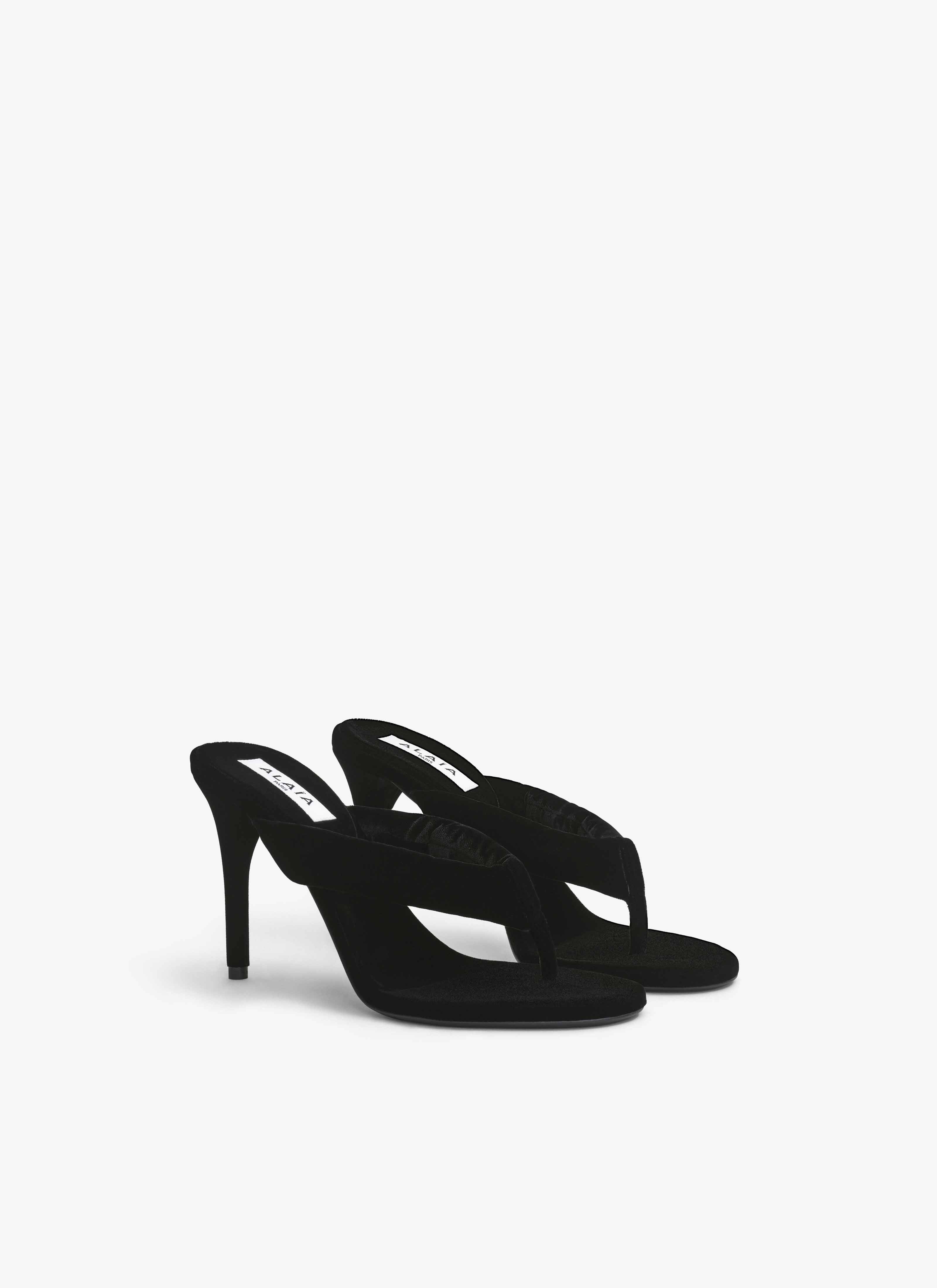 ALAÏA BLACK HEEL THONG MULES IN VELVET