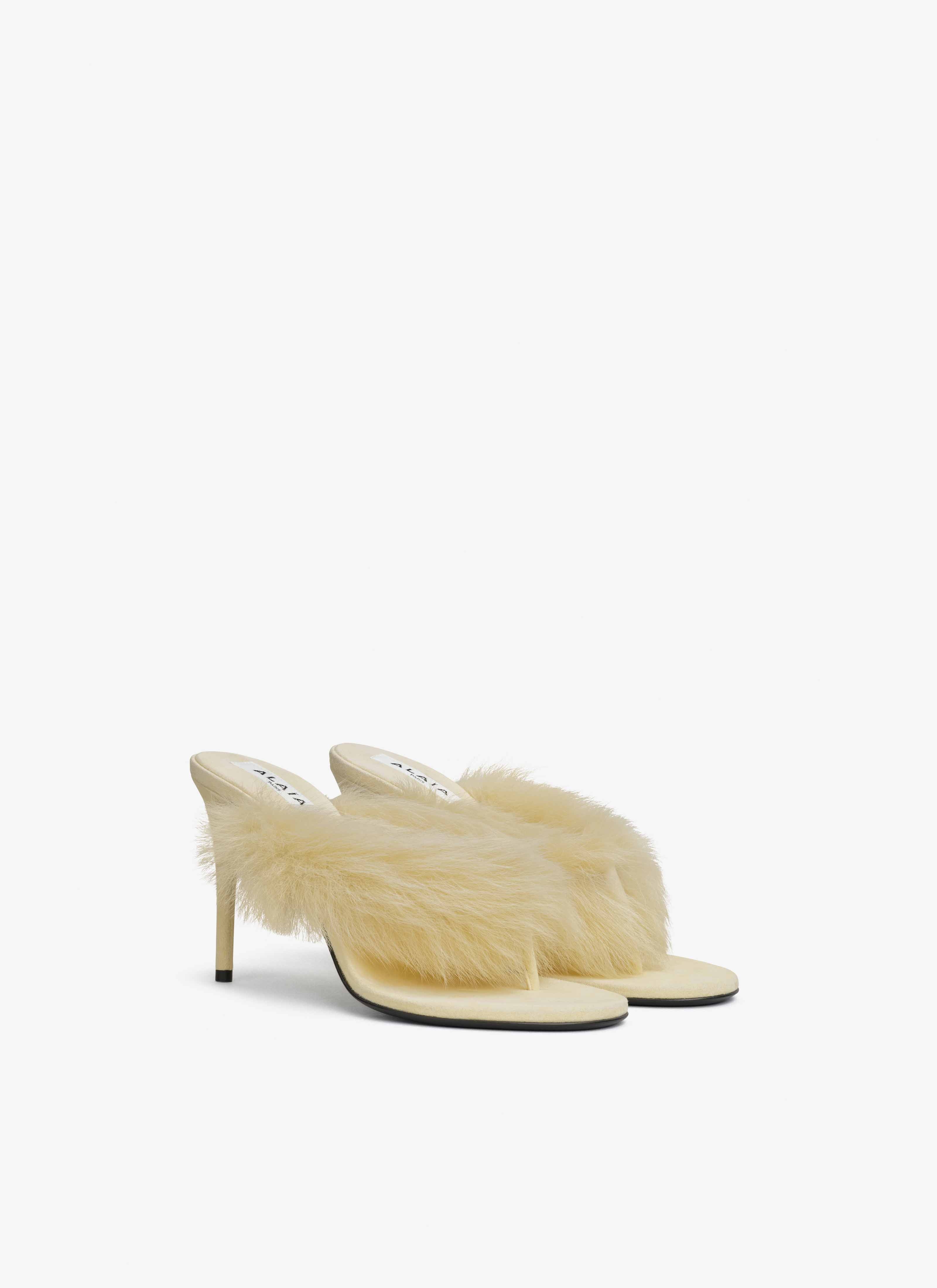 ALAÏA LIGHT YELLOW HEEL THONG MULES IN LAMBSKIN