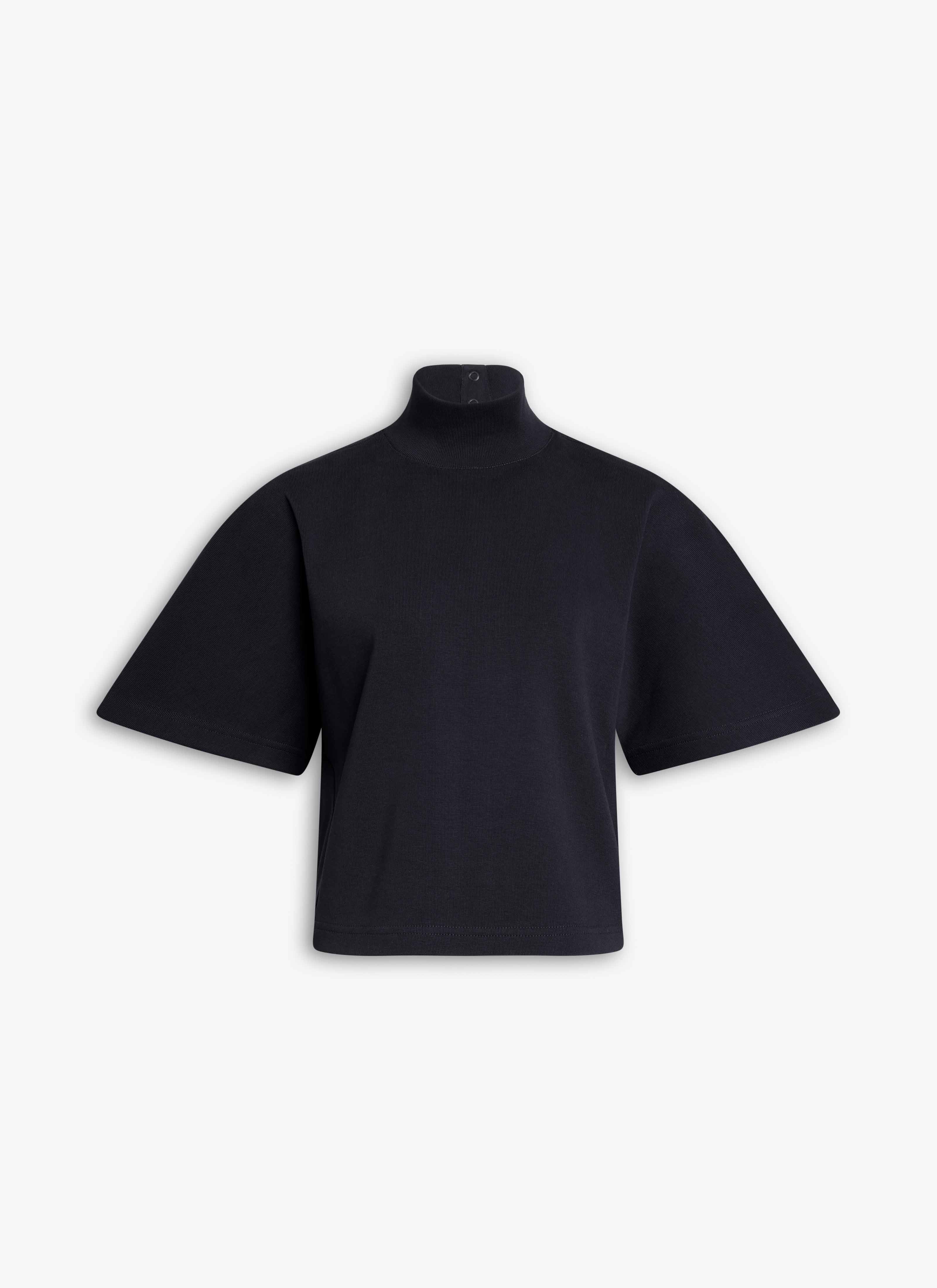 ALAÏA BLACK RIBBED COTTON HIGH NECK T-SHIRT