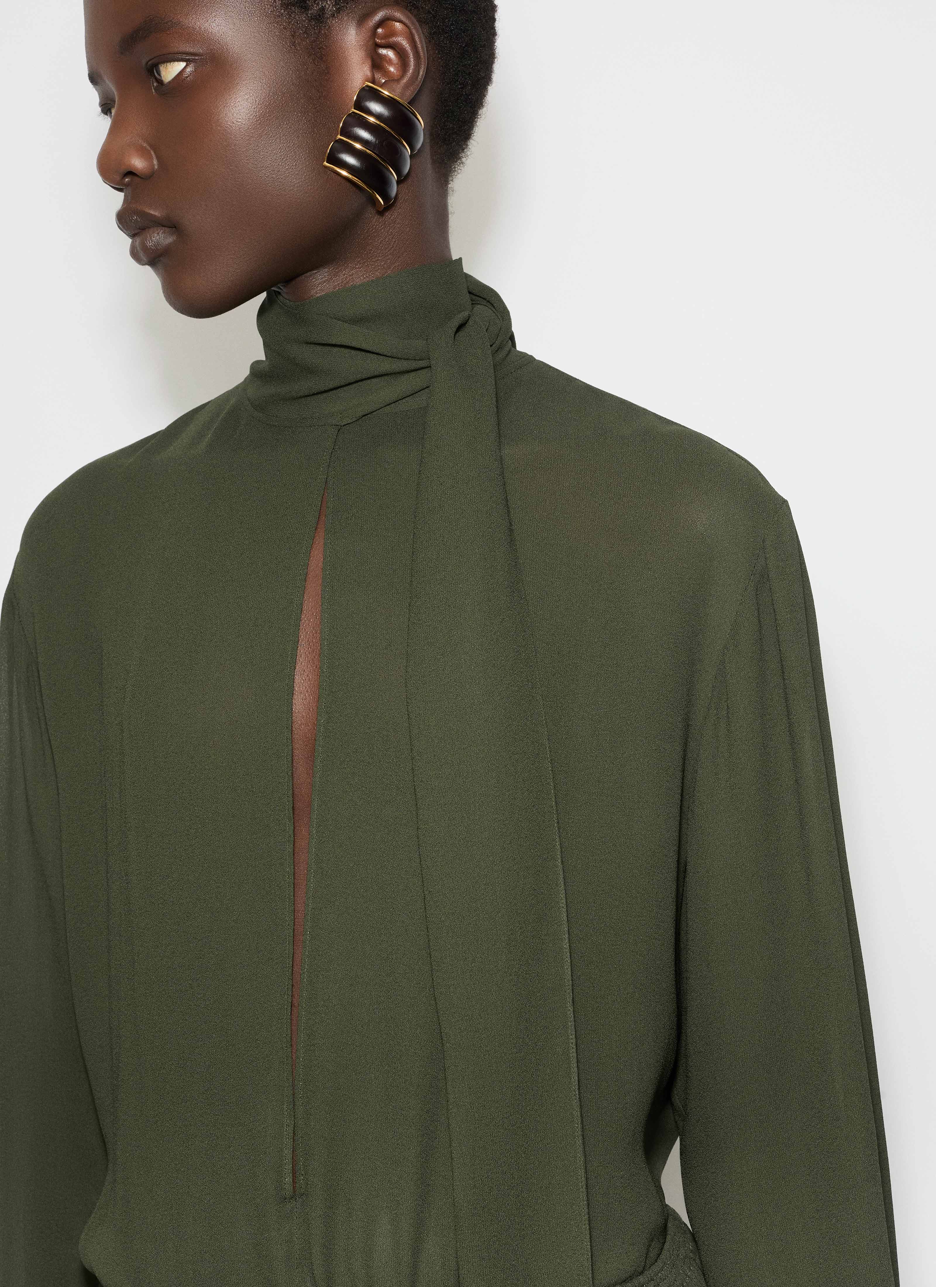 ALAÏA DARK GREEN GEORGETTE SCARF BLOUSE