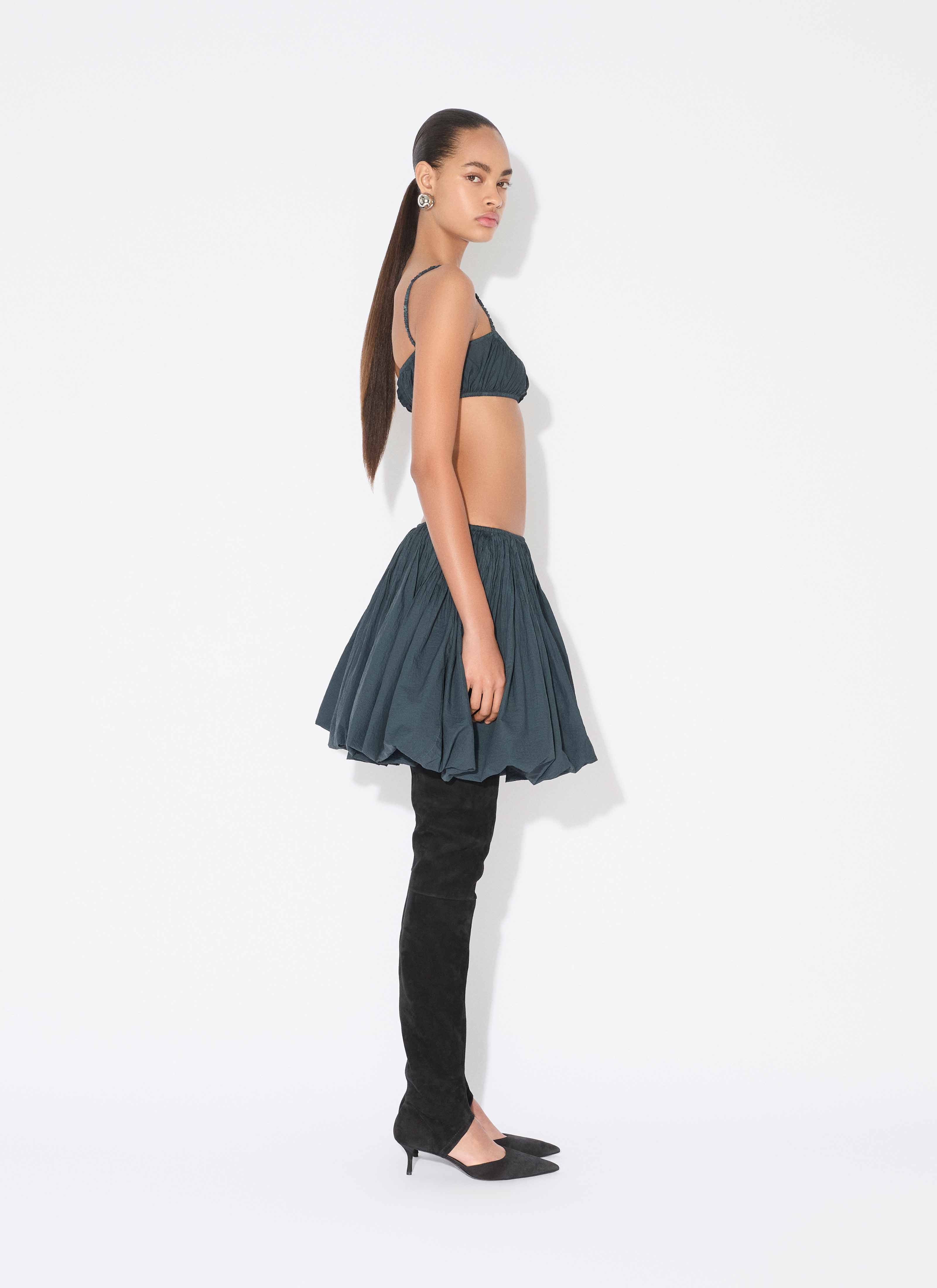 ALAÏA DARK BLUE SOFT NYLON PLEATED BRALETTE