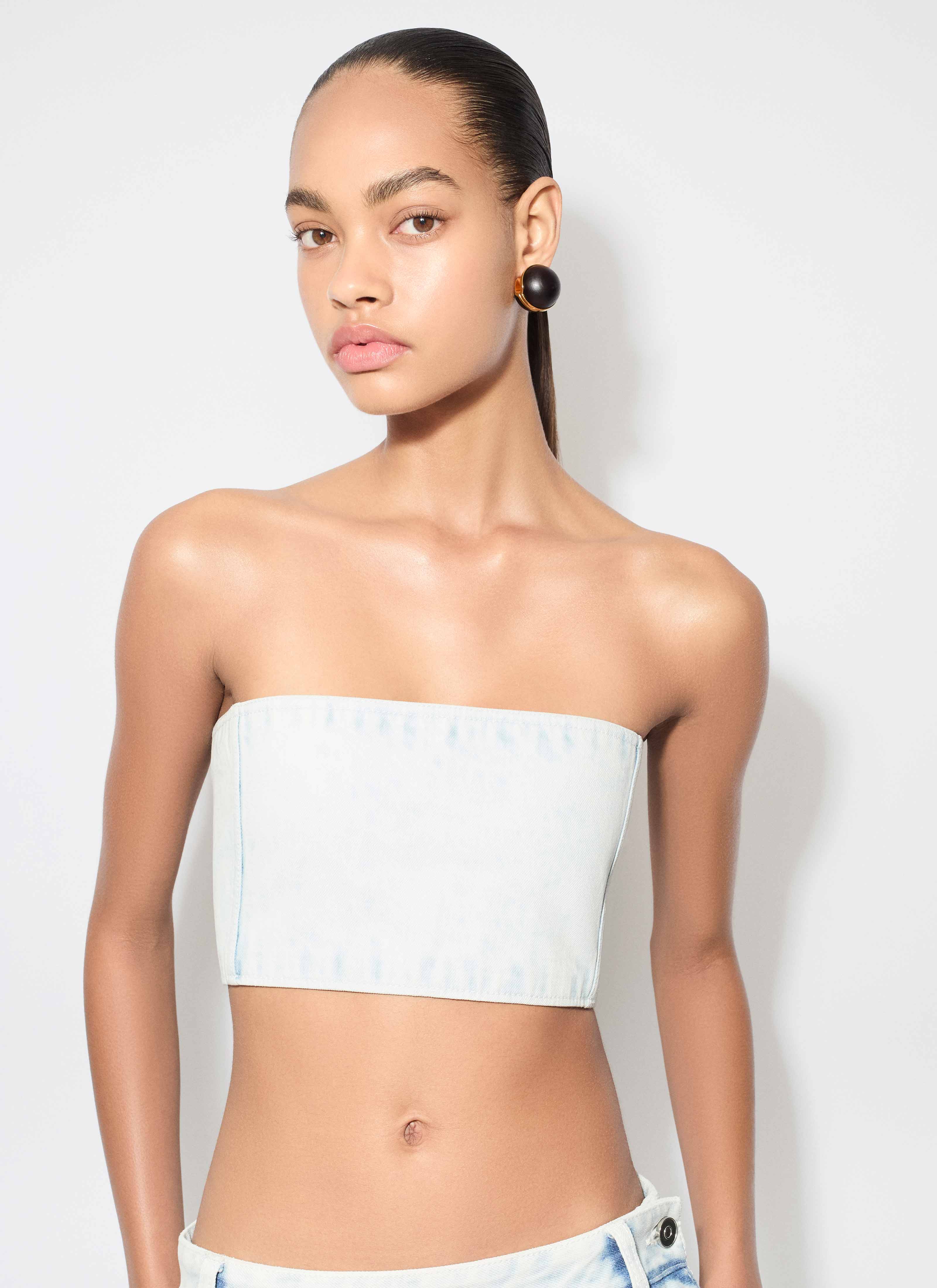 ALAÏA LIGHT BLUE DENIM BUSTIER TOP