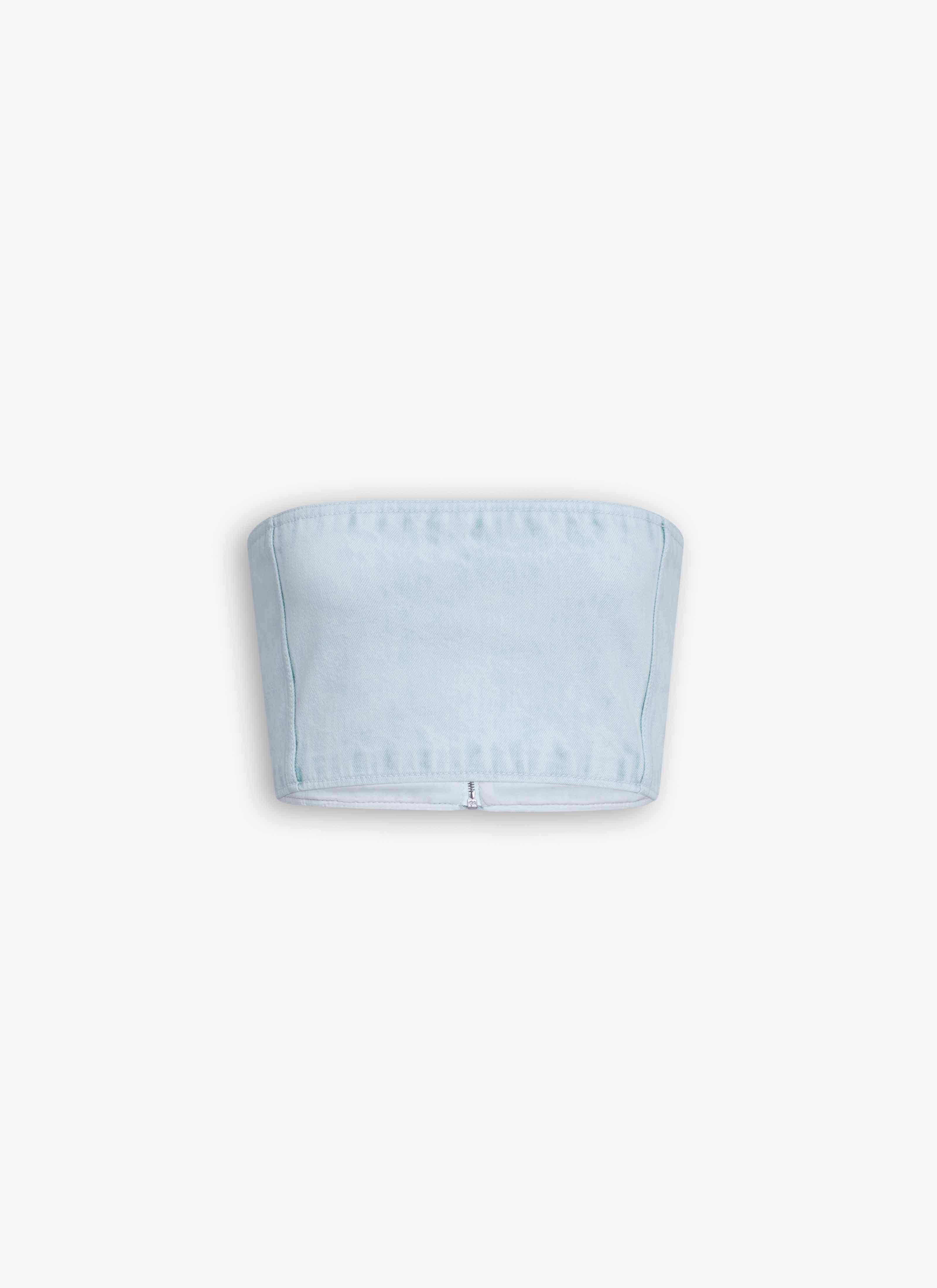 ALAÏA LIGHT BLUE DENIM BUSTIER TOP