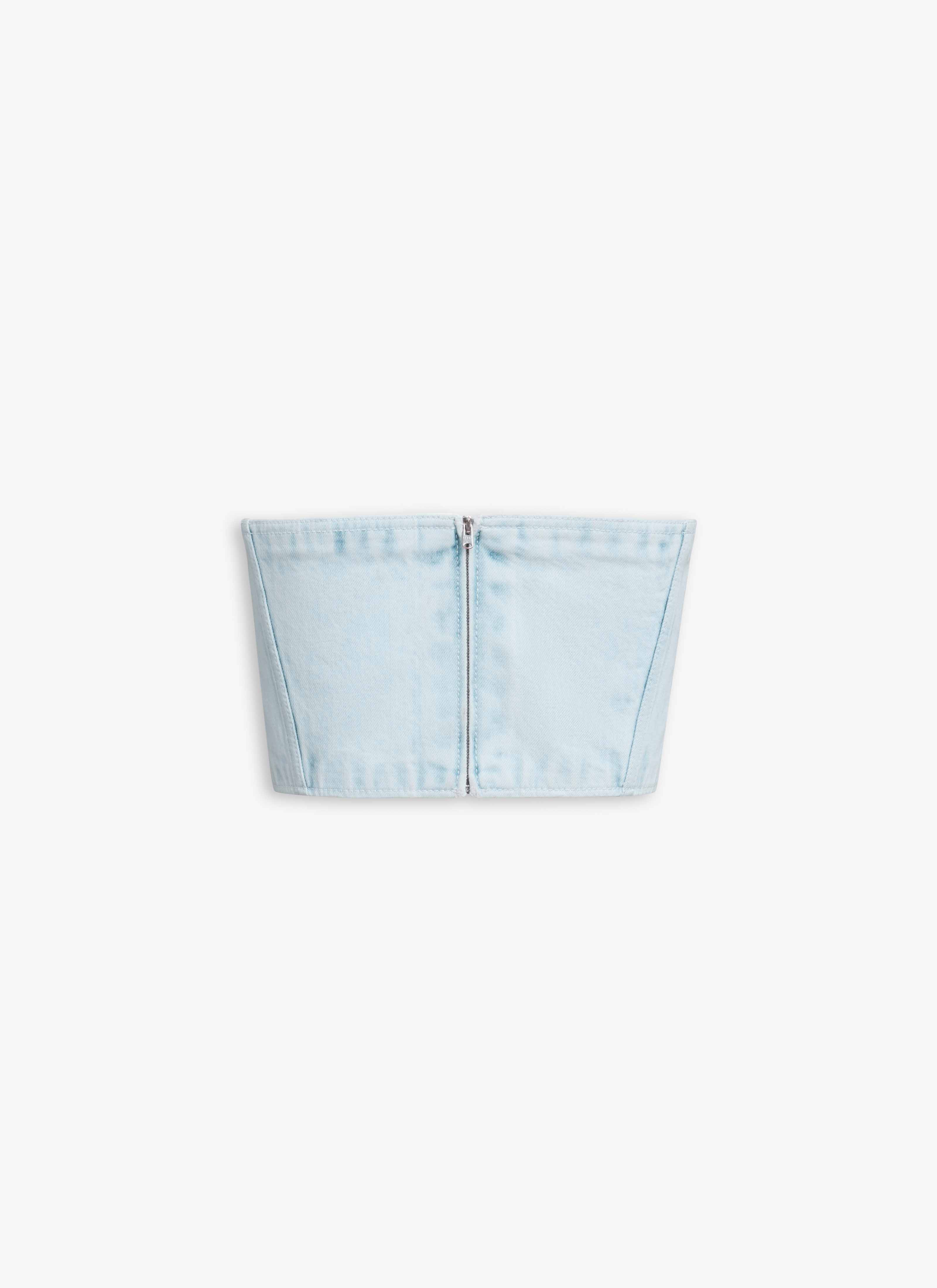 ALAÏA LIGHT BLUE DENIM BUSTIER TOP