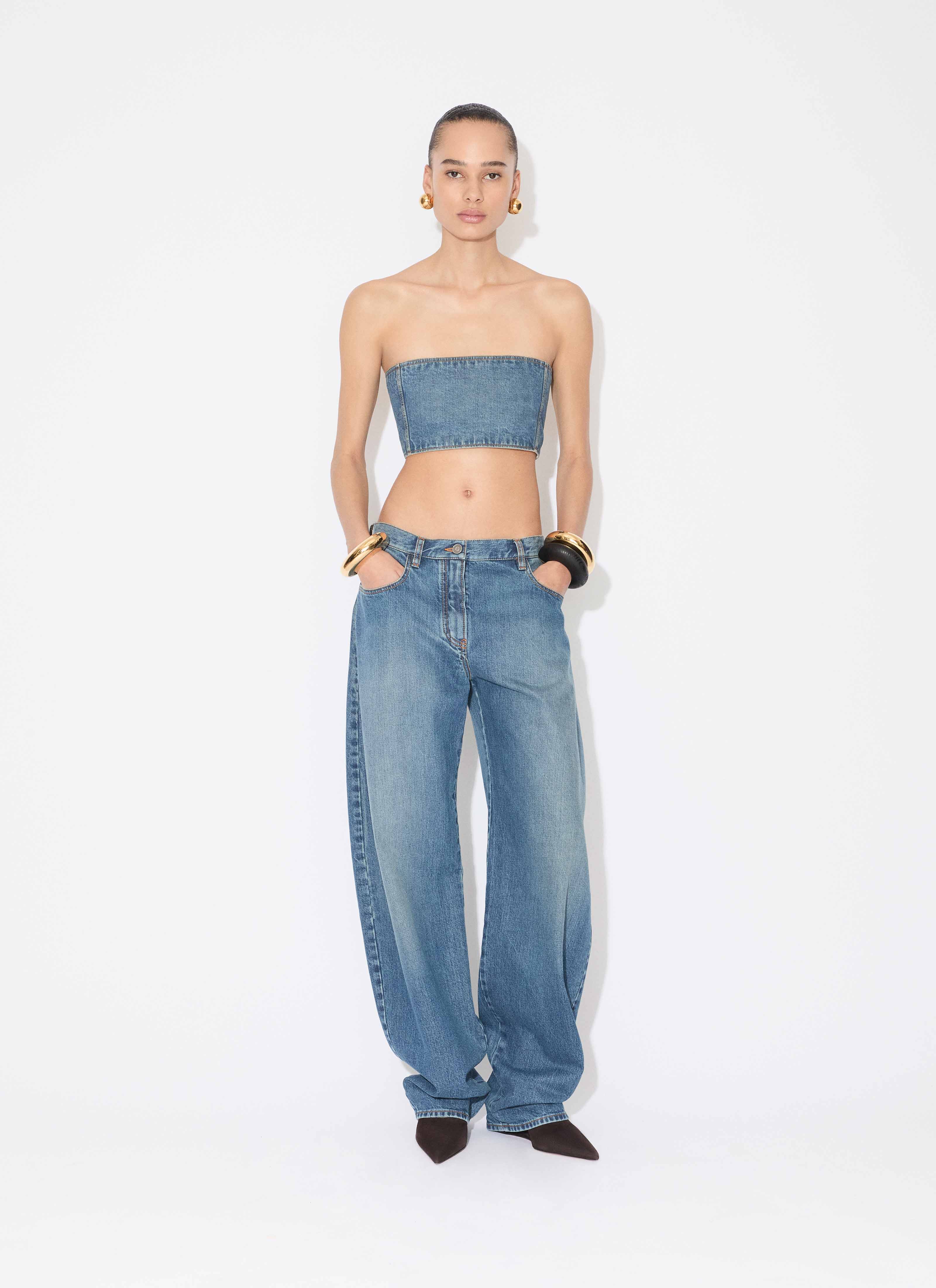 ALAÏA MINERAL DENIM BUSTIER TOP