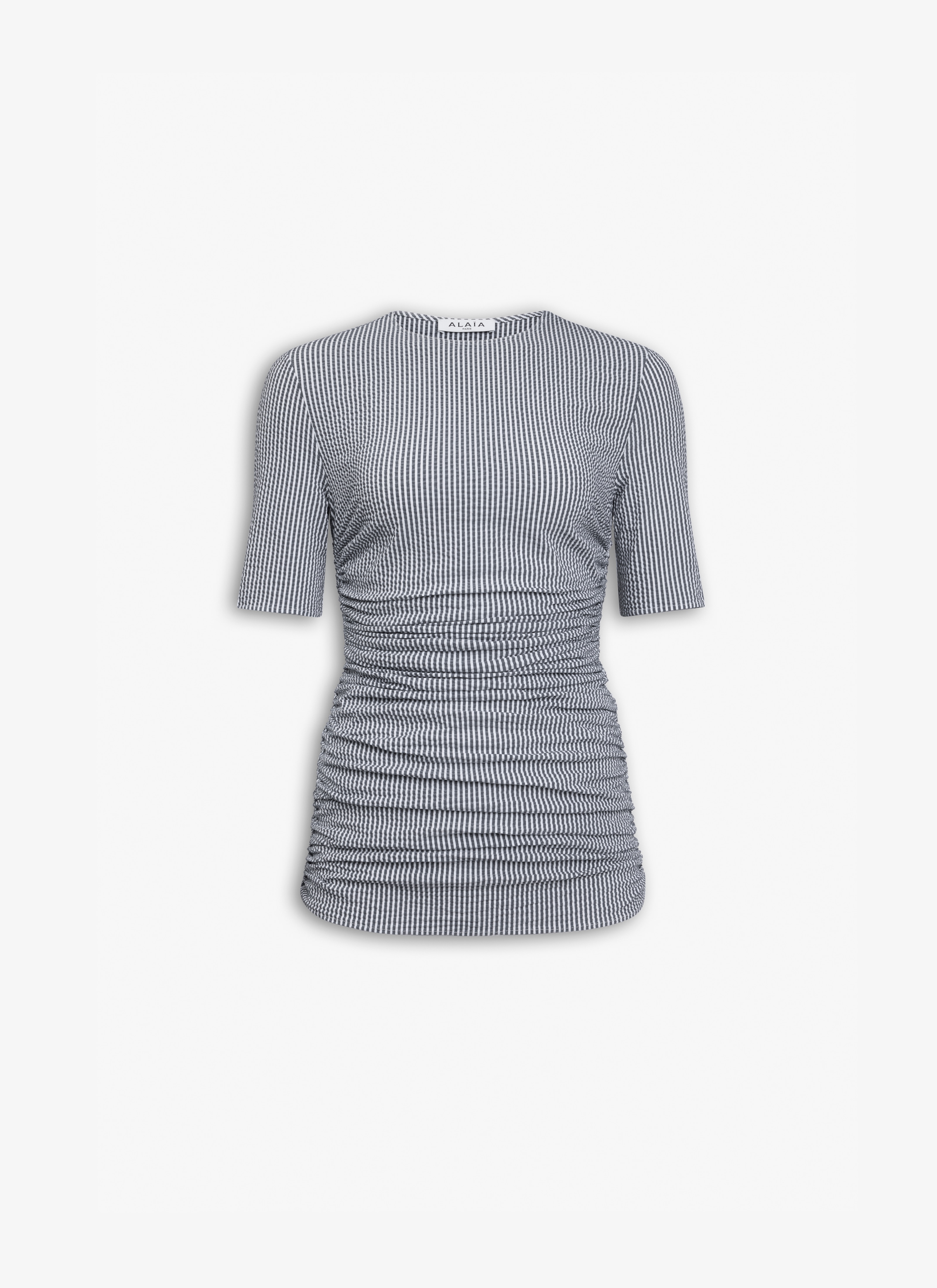 ALAÏA WHITE/BLUE STRIPED SEERSUCKER T-SHIRT