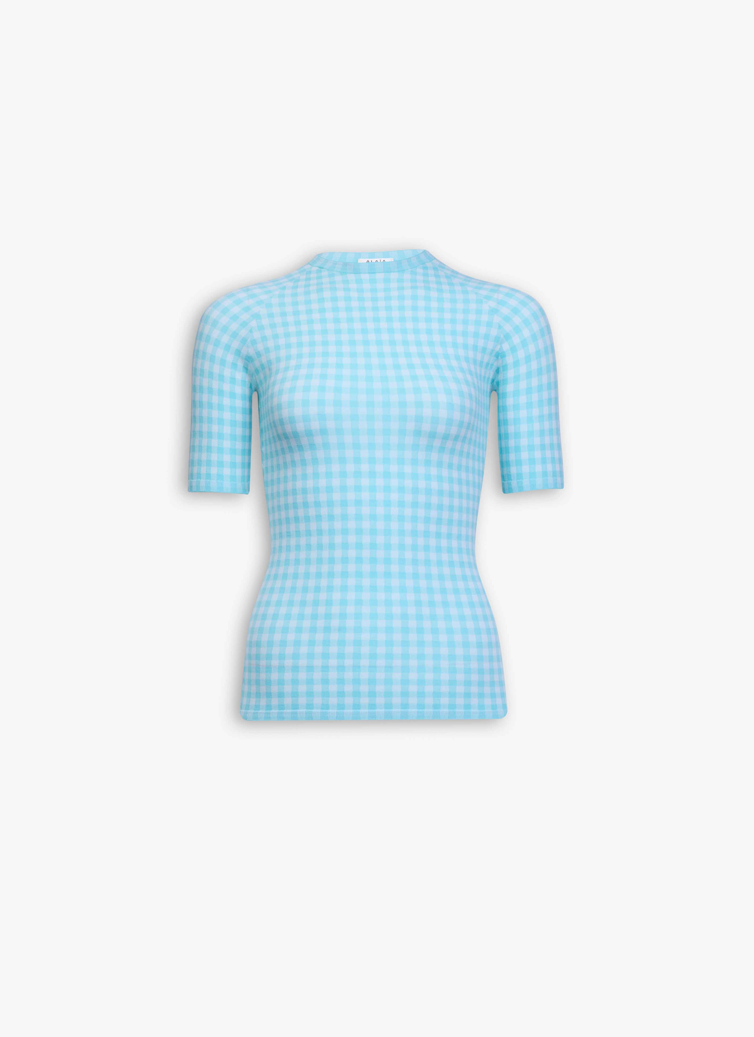 ALAÏA AMAZONITE GINGHAM KNIT TOP