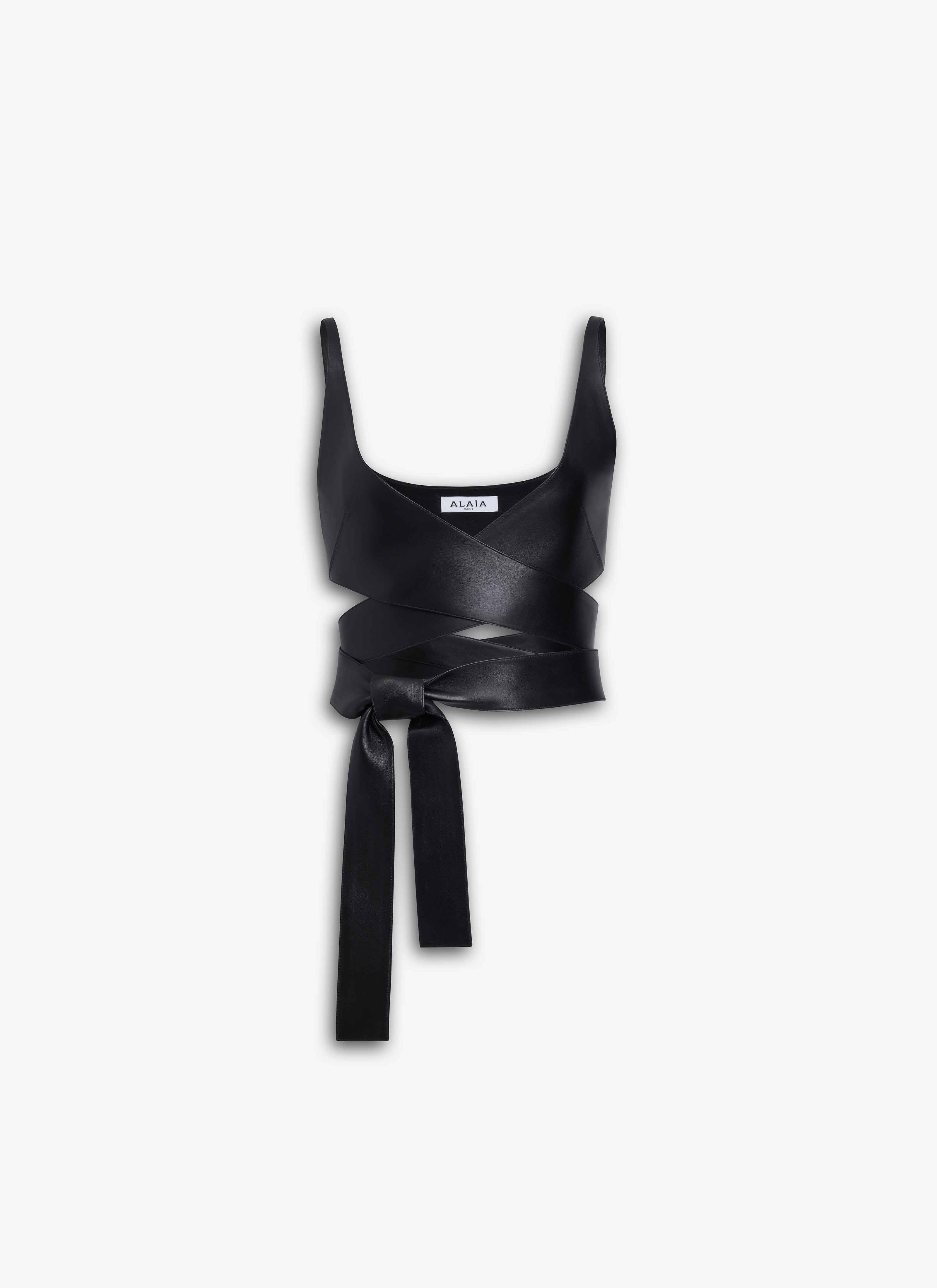 ALAÏA BLACK LEATHER CRISS CROSS TOP