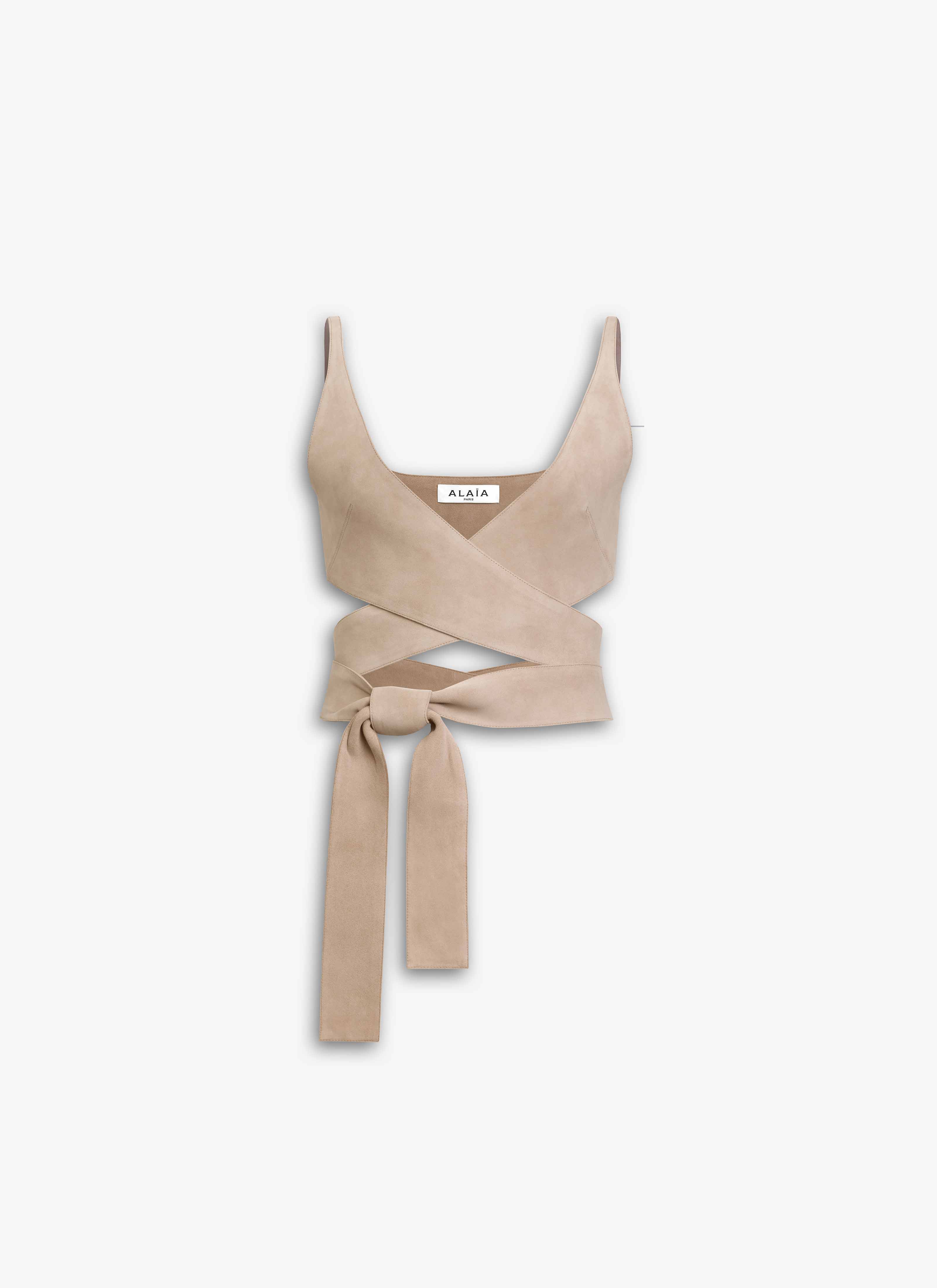 ALAÏA BEIGE LEATHER CRISS CROSS TOP
