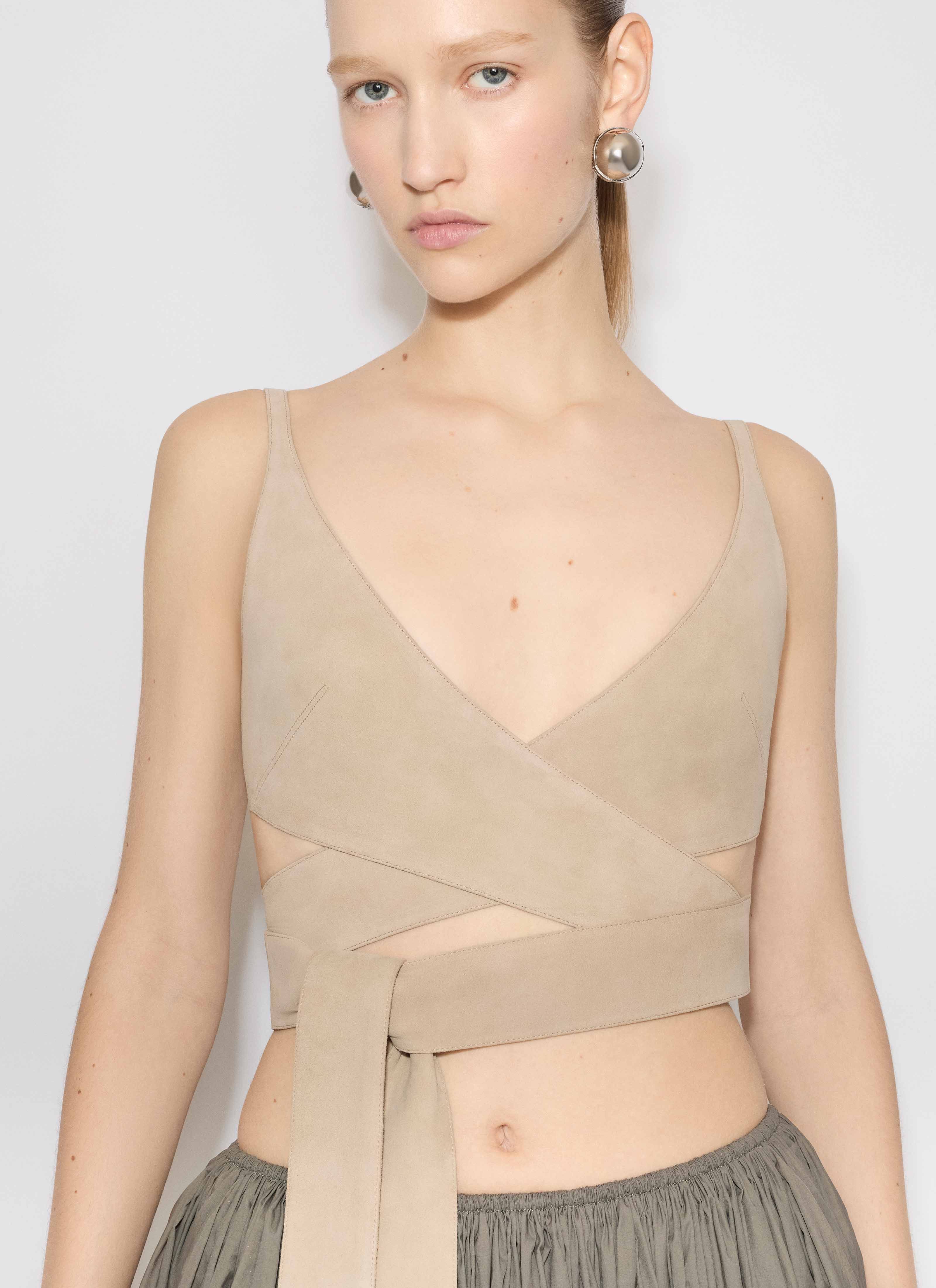 ALAÏA BEIGE LEATHER CRISS CROSS TOP