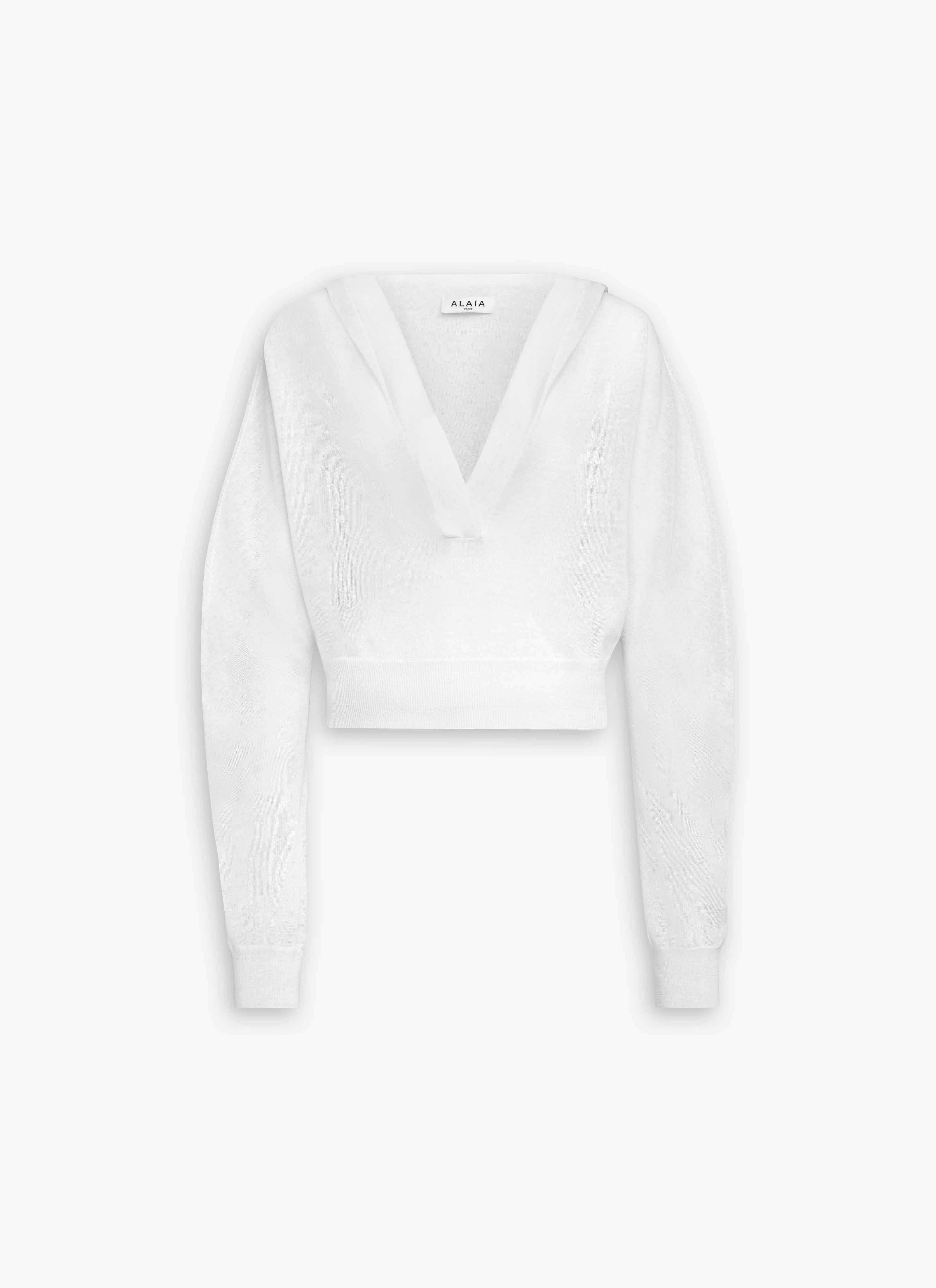 ALAÏA WHITE SILK LINEN KNIT CROPPED HOODIE