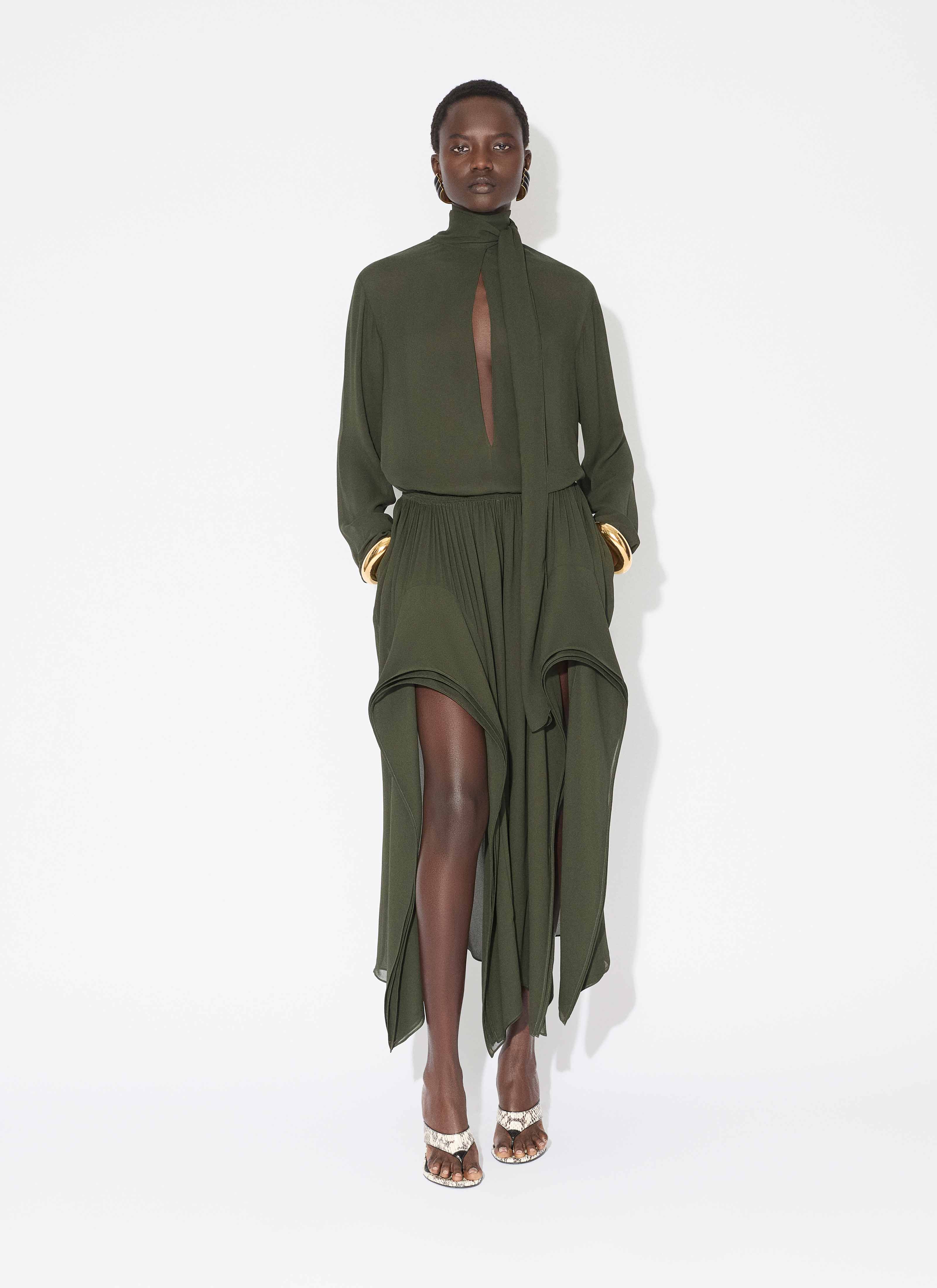 ALAÏA DARK GREEN GEORGETTE RUFFLE PANTS