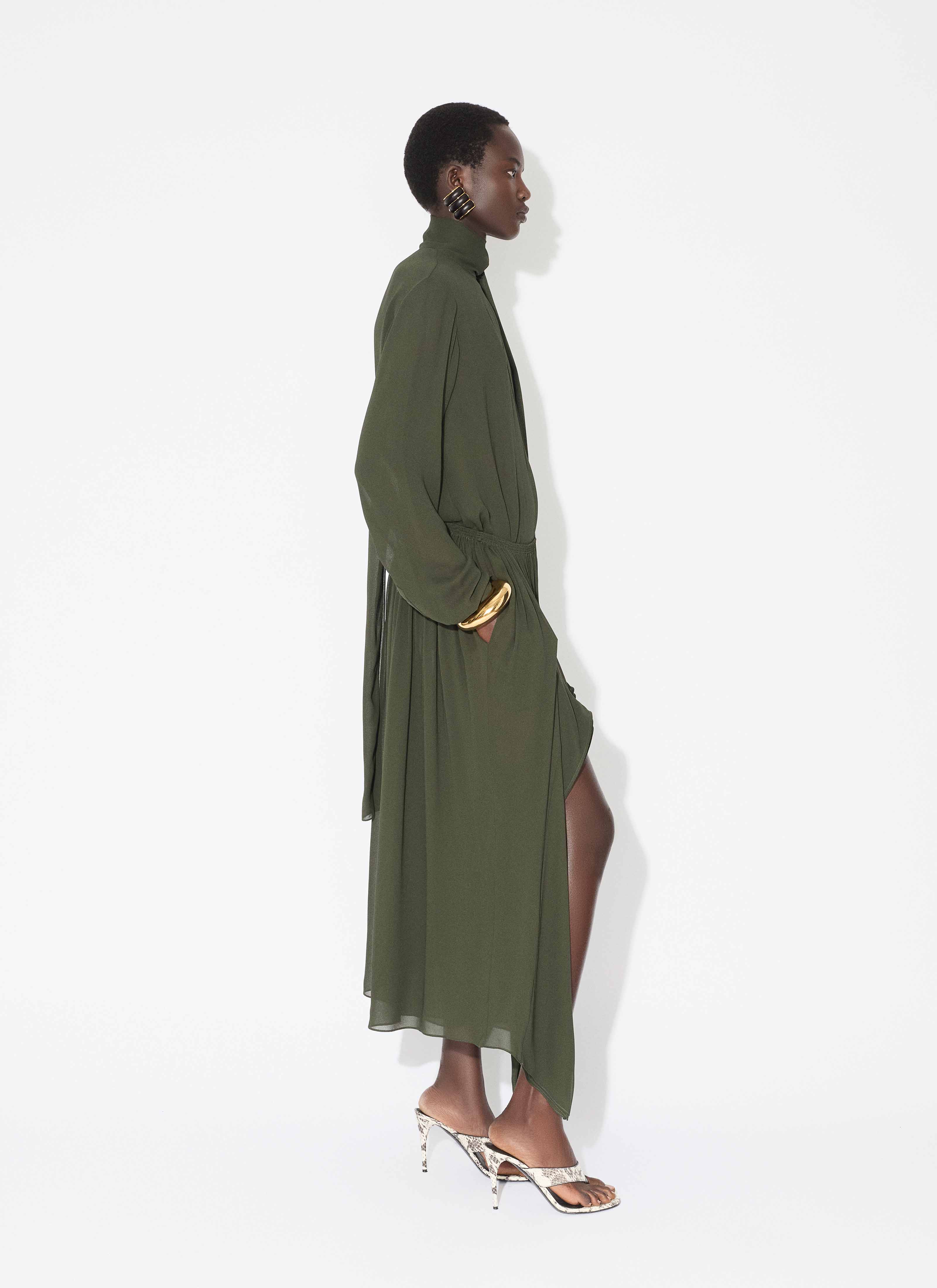 ALAÏA DARK GREEN GEORGETTE RUFFLE PANTS