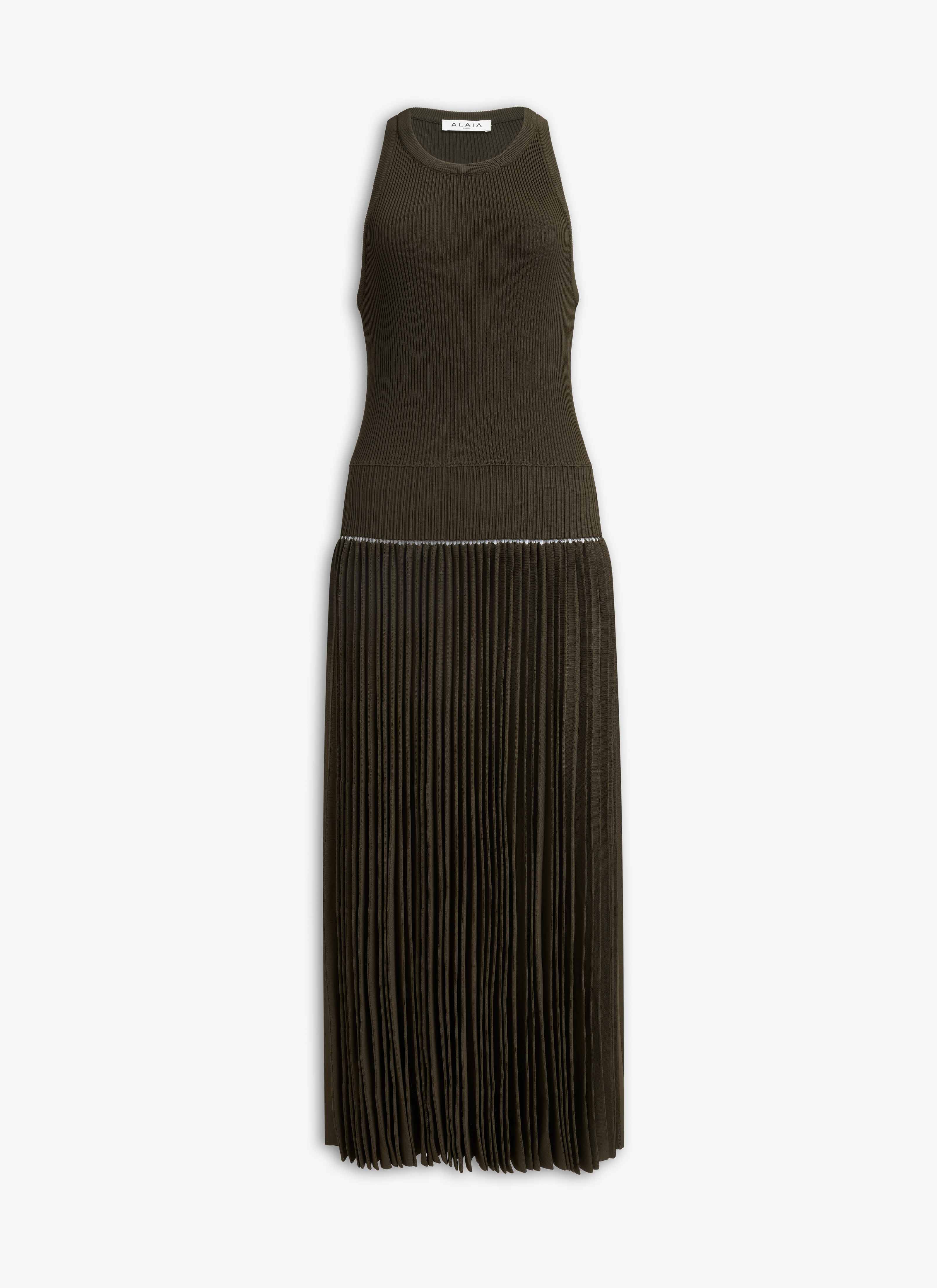 ALAÏA DARK GREEN POINTELLE PLEATS MIDI DRESS
