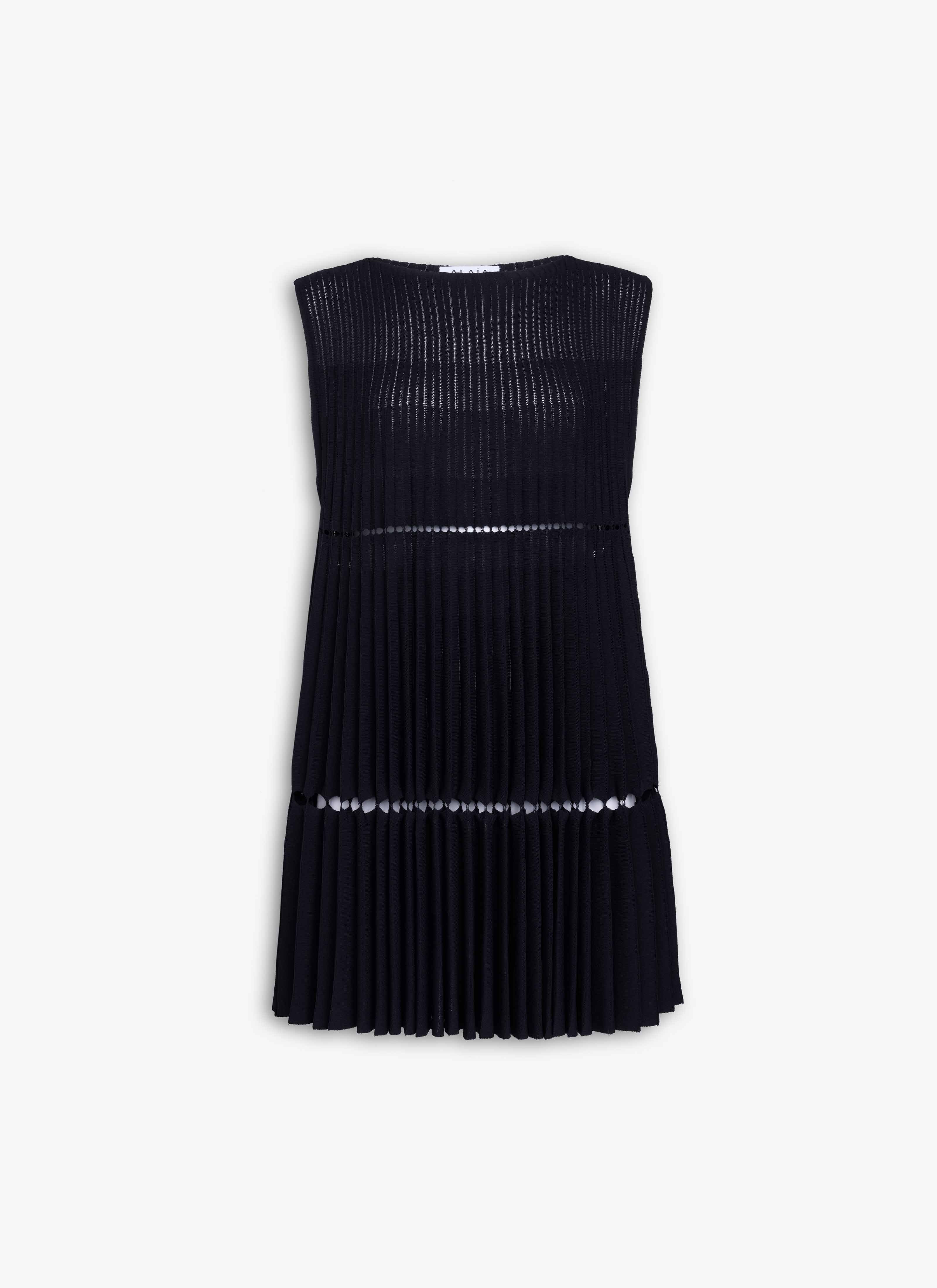 ALAÏA BLACK POINTELLE PLEATS MIDI DRESS