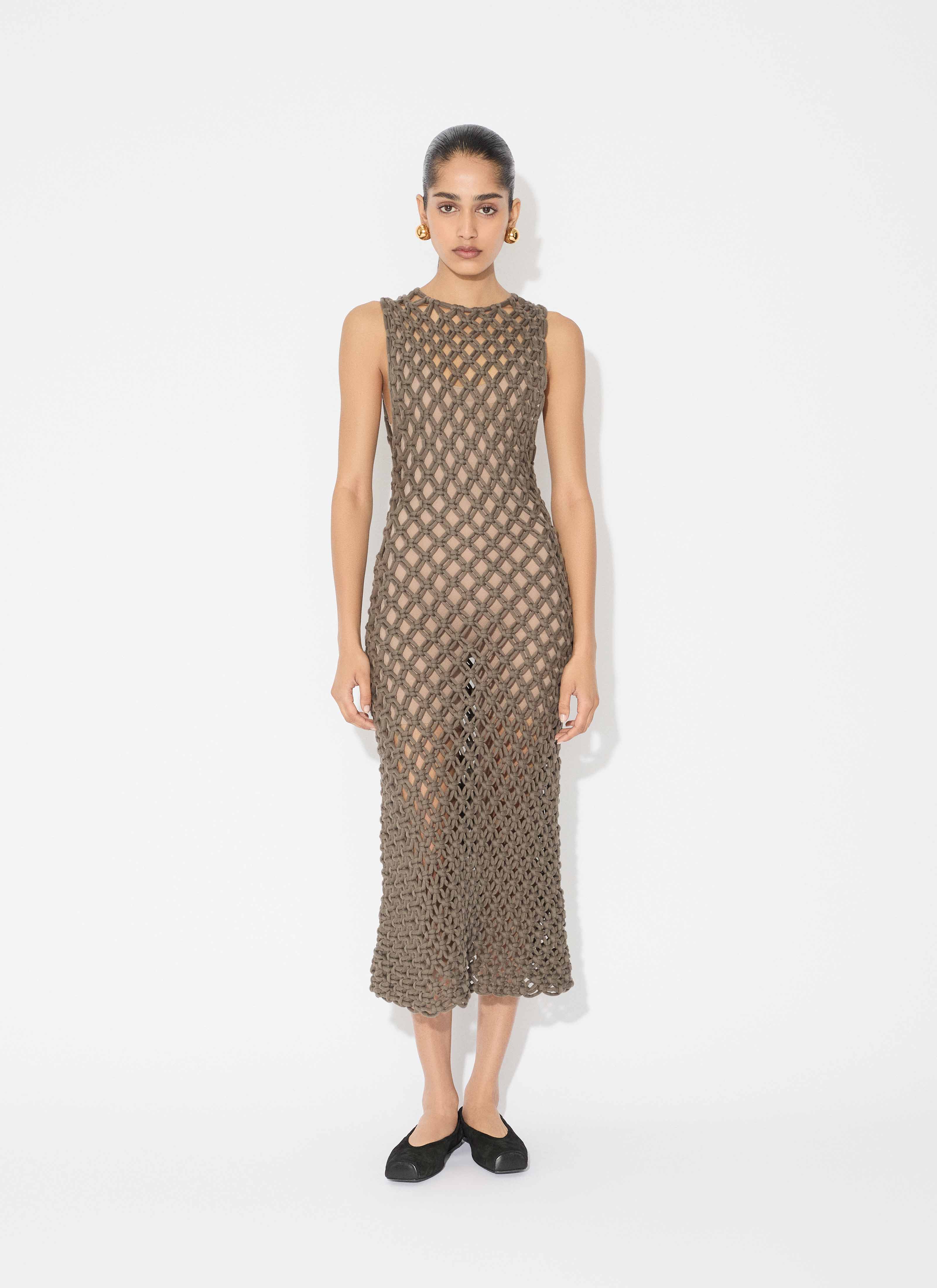 ALAÏA TAUPE HAND KNOTTED DRESS