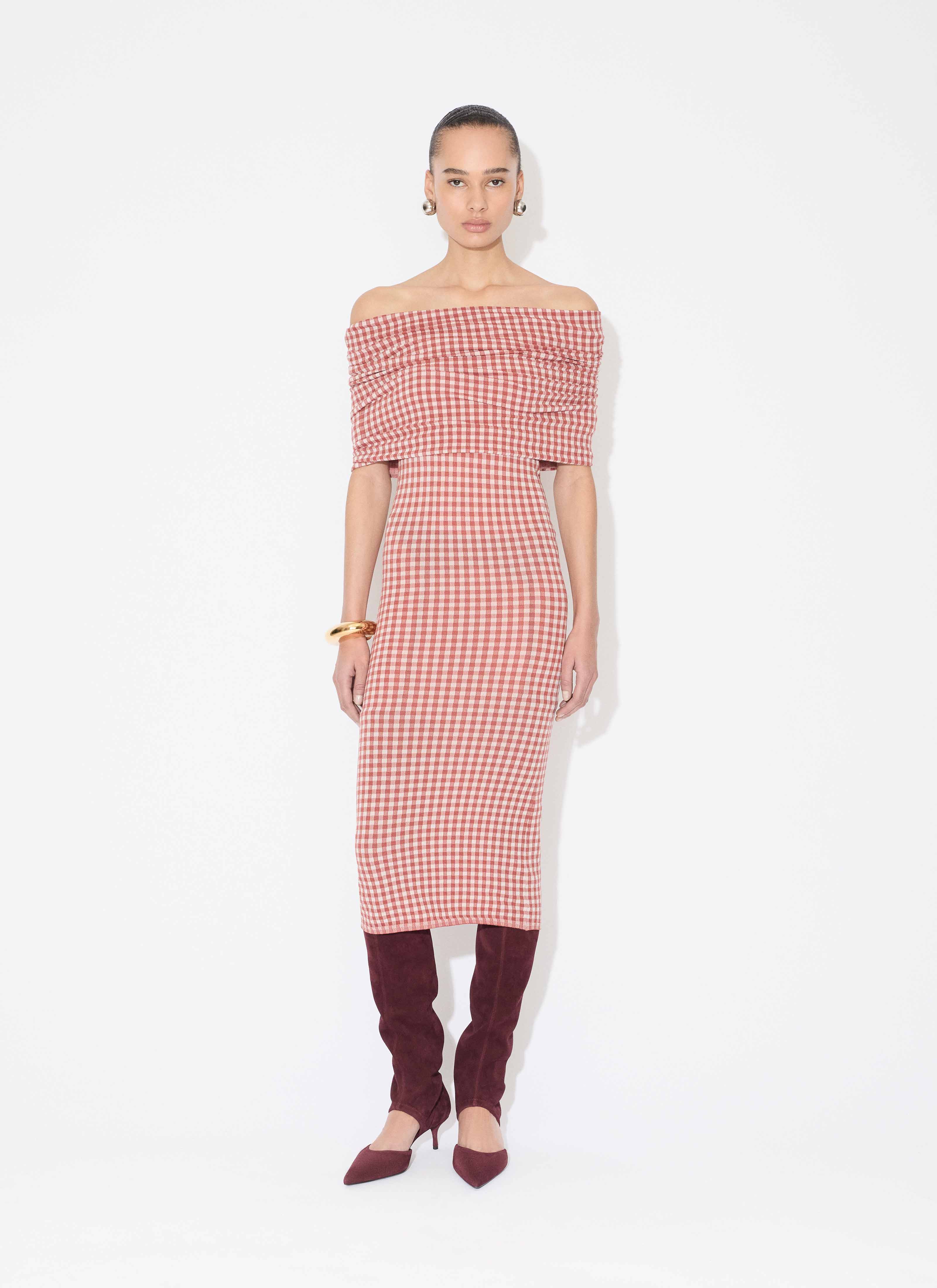 ALAÏA AUBURN GINGHAM KNIT DRESS
