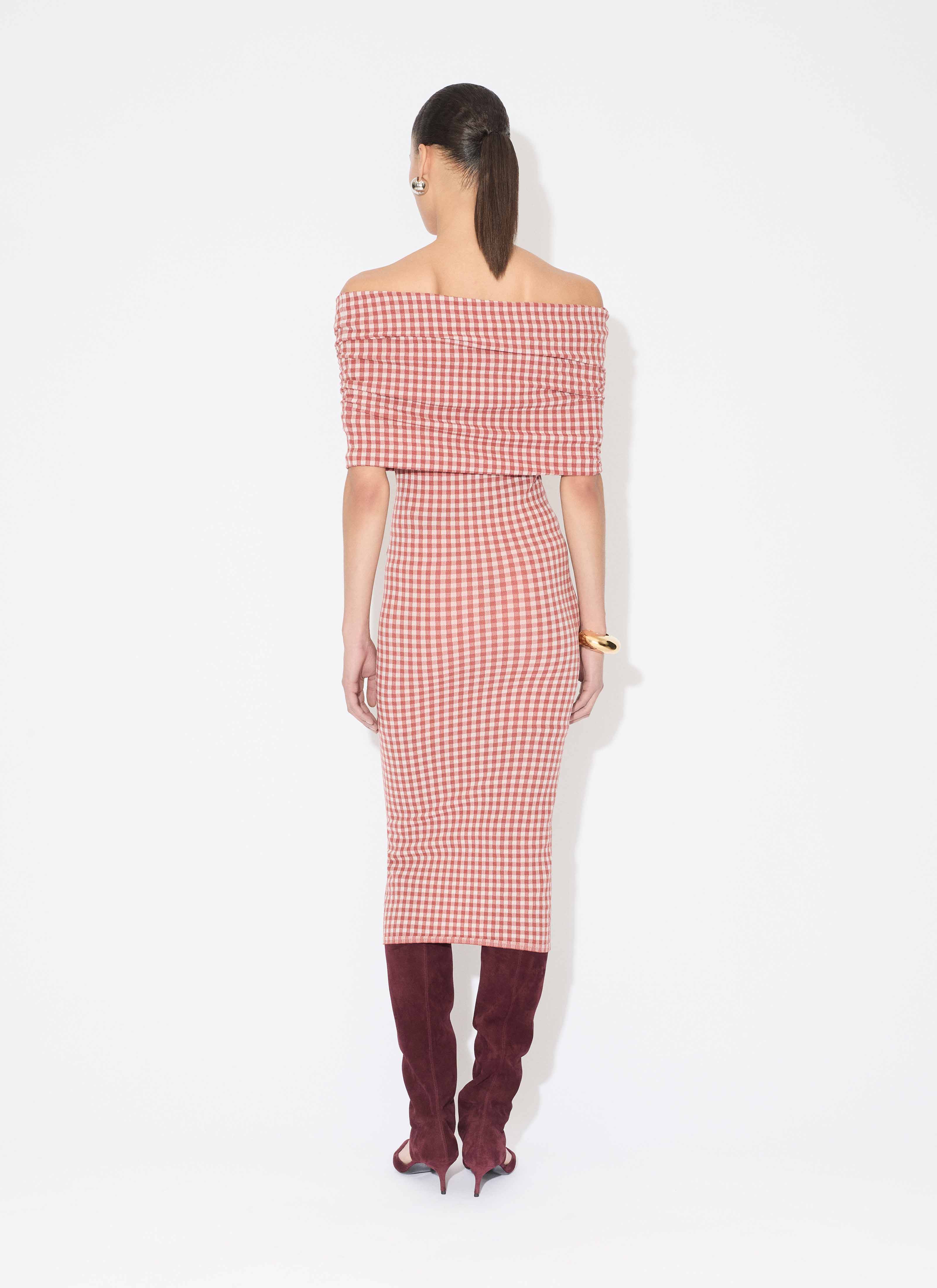 ALAÏA AUBURN GINGHAM KNIT DRESS