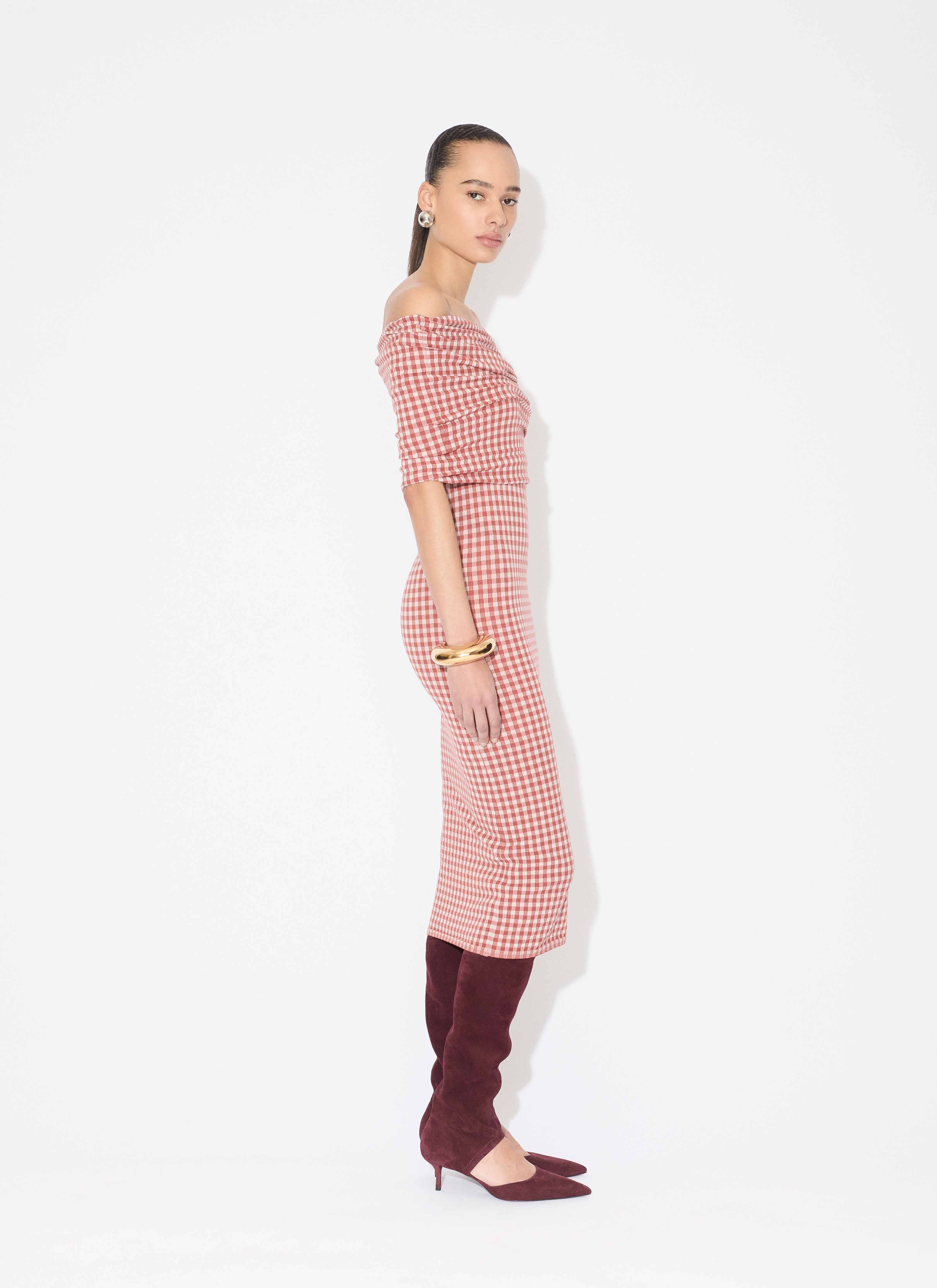 ALAÏA AUBURN GINGHAM KNIT DRESS
